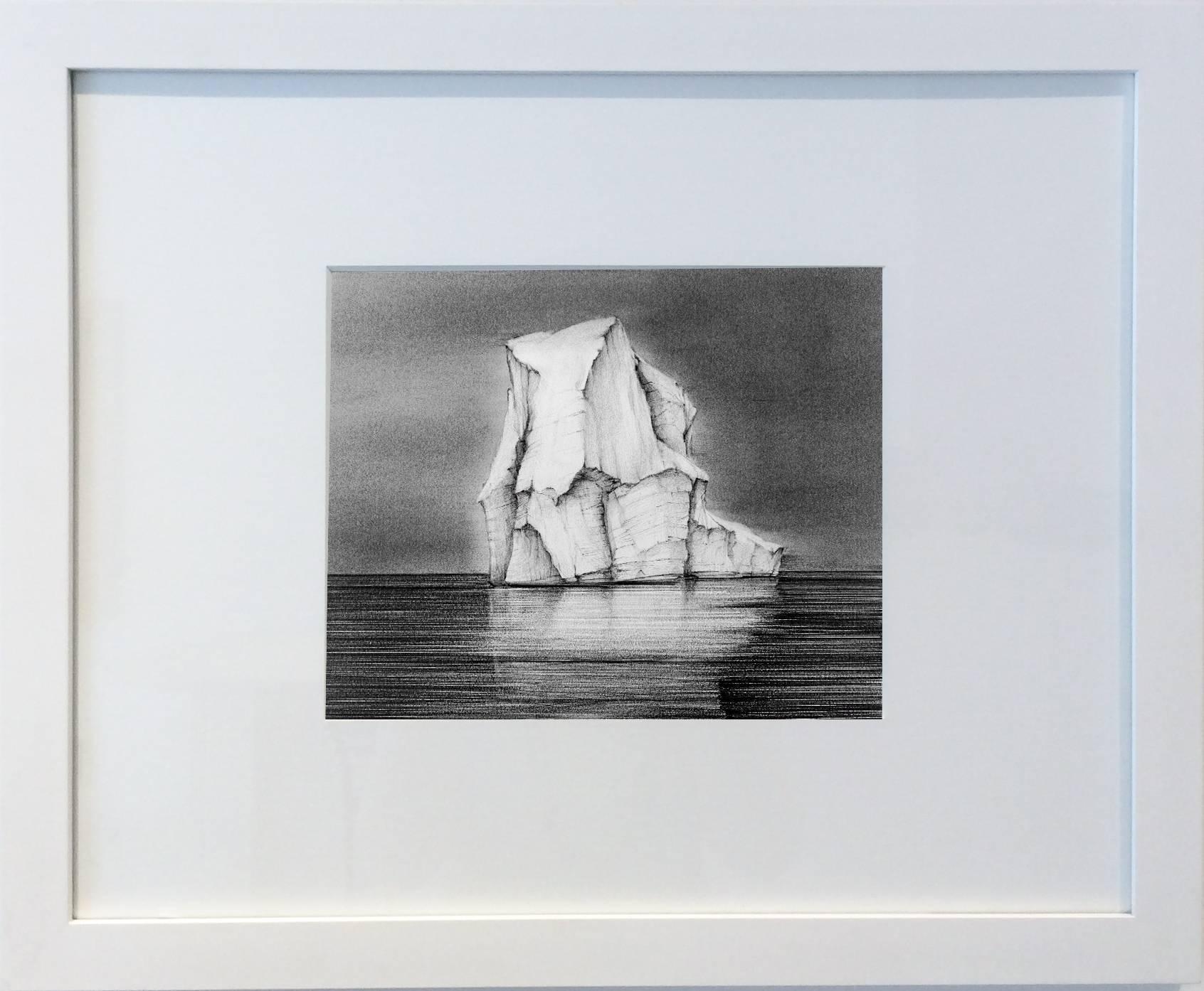 Iceberg Drawing 3: Black and White Landscape Drawing of Iceberg in Water, Framed - Art by Juan Garcia-Nunez