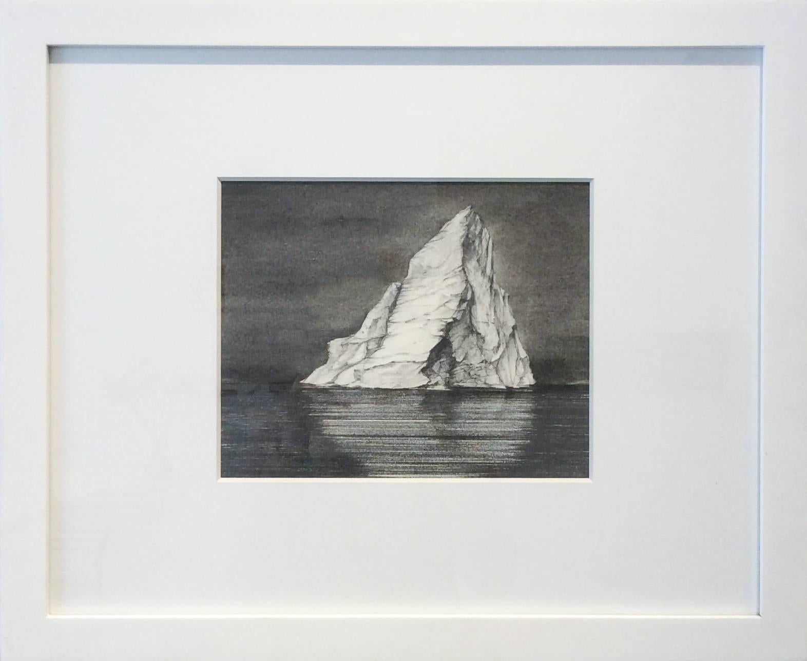 Iceberg Drawing 4: Black and White Landscape Drawing of Iceberg in Water, Framed - Art by Juan Garcia-Nunez