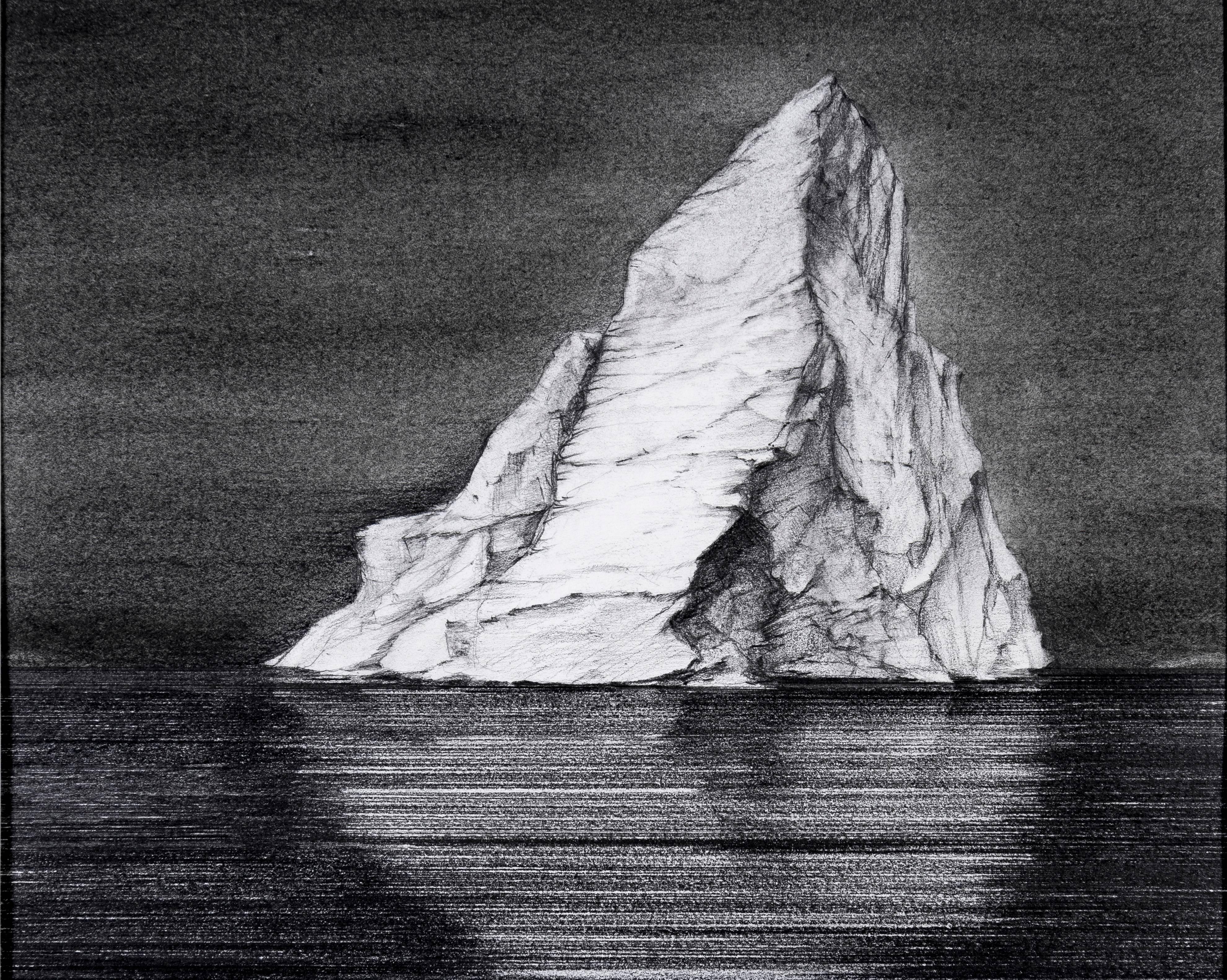 Juan Garcia-Nunez Landscape Art - Iceberg Drawing 4: Black and White Landscape Drawing of Iceberg in Water, Framed