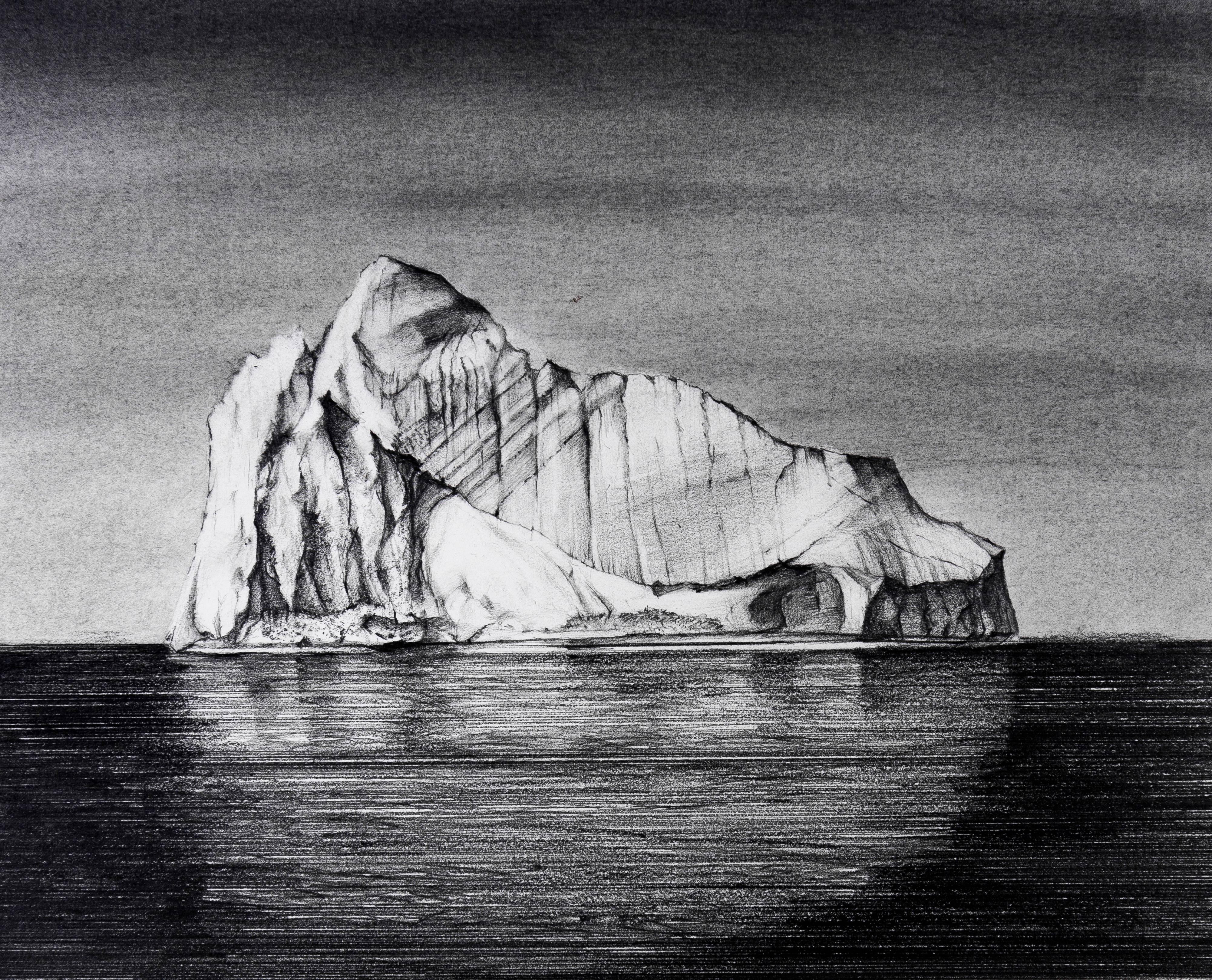 Juan Garcia-Nunez Landscape Art - Iceberg Drawing 1: Black and White Landscape Drawing of Iceberg in Water, Framed