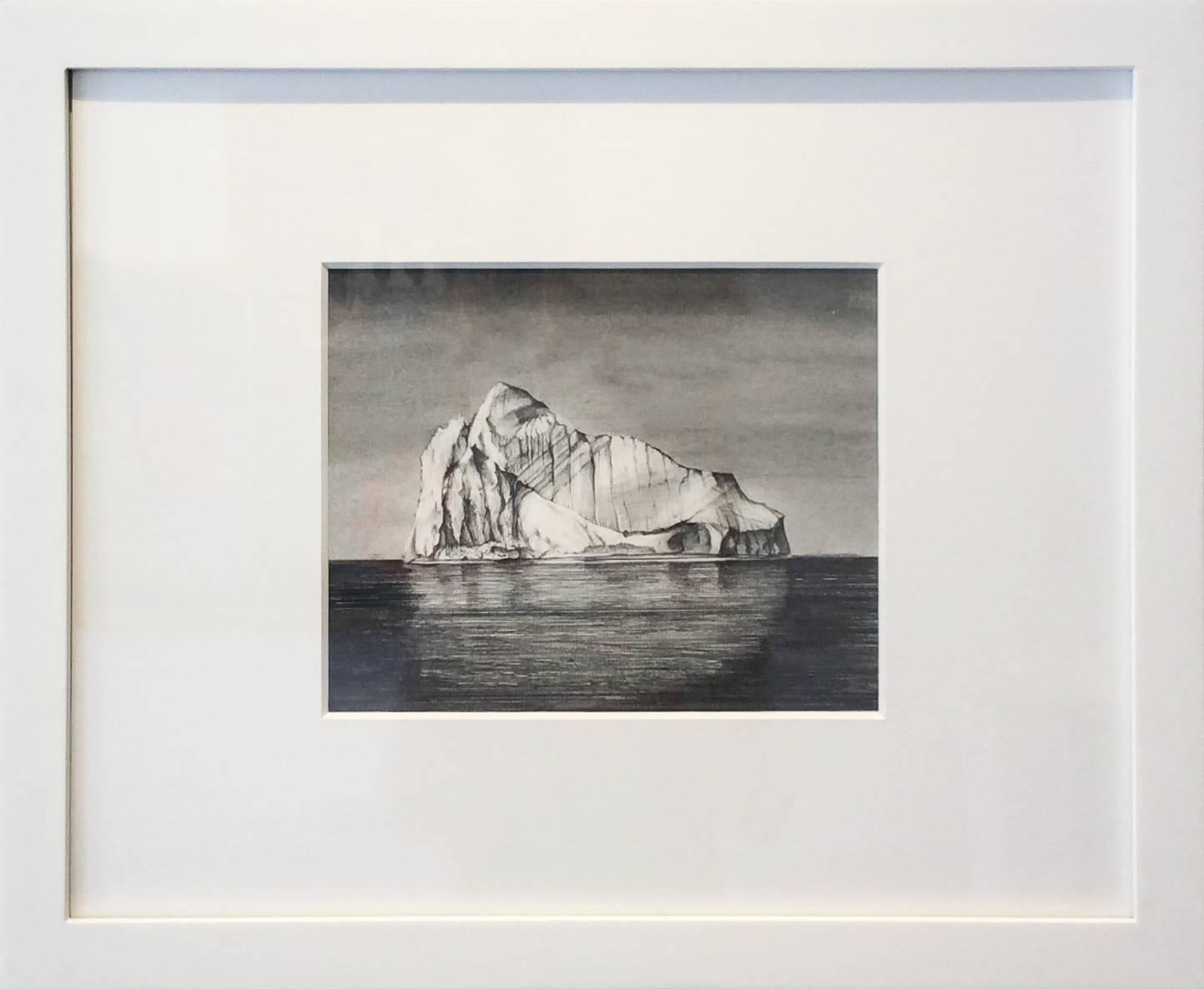 Iceberg Drawing 1: Black and White Landscape Drawing of Iceberg in Water, Framed - Art by Juan Garcia-Nunez