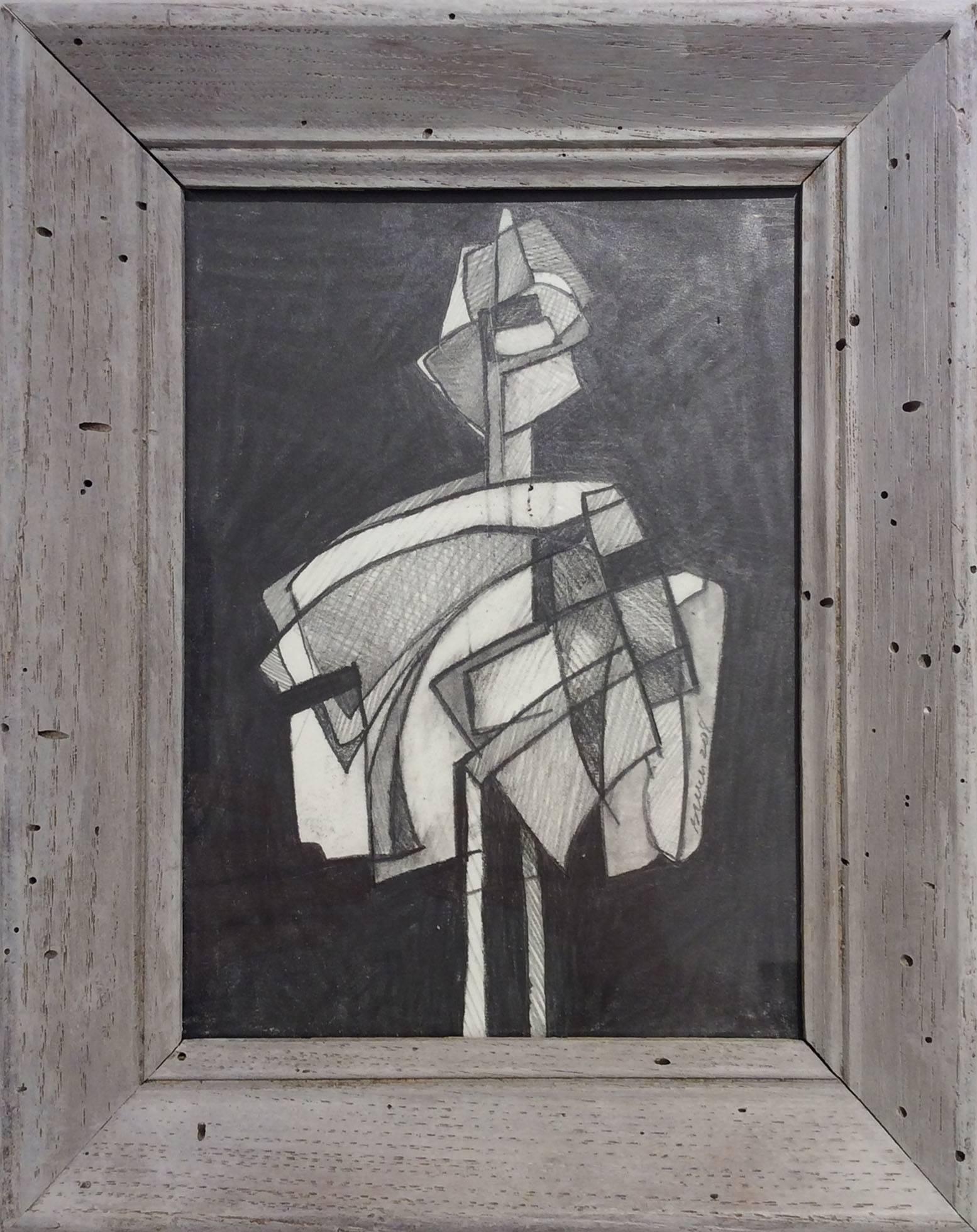 David Dew Bruner Figurative Art - Infanta LIII (Abstract Figurative Graphite Drawing in Gray Vintage Frame)