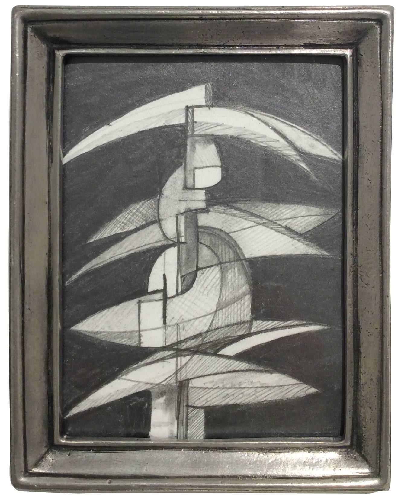 Infanta XLVIII (Abstract Figurative Graphite Drawing in Antique Pewter Frame)