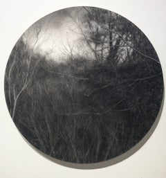 Aperture (Realistic Charcoal Landscape Drawing of Forest on Circular Panel)
