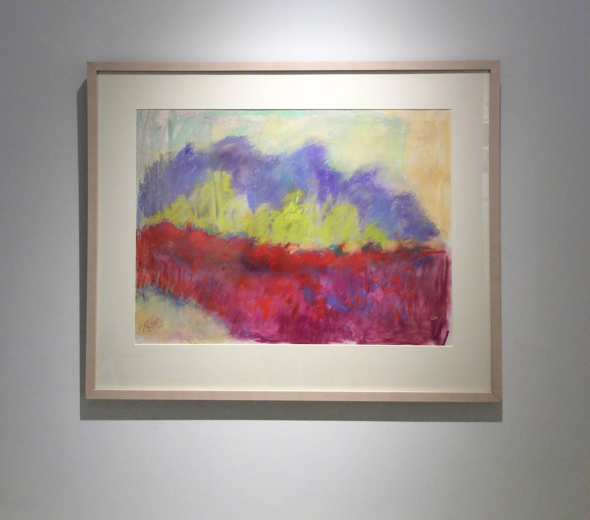 19 x 25 inches, pastel on archival paper
27 x 33 x 1.5 inches framed, custom white stained wooden frame with white mat and glass

This brilliantly colored abstract landscape pastel drawing on paper is inspired by the Red Clover Fields that are near