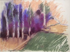 Violet Birches in Early Morn (Ethereal Abstracted Landscape Pastel on Paper)