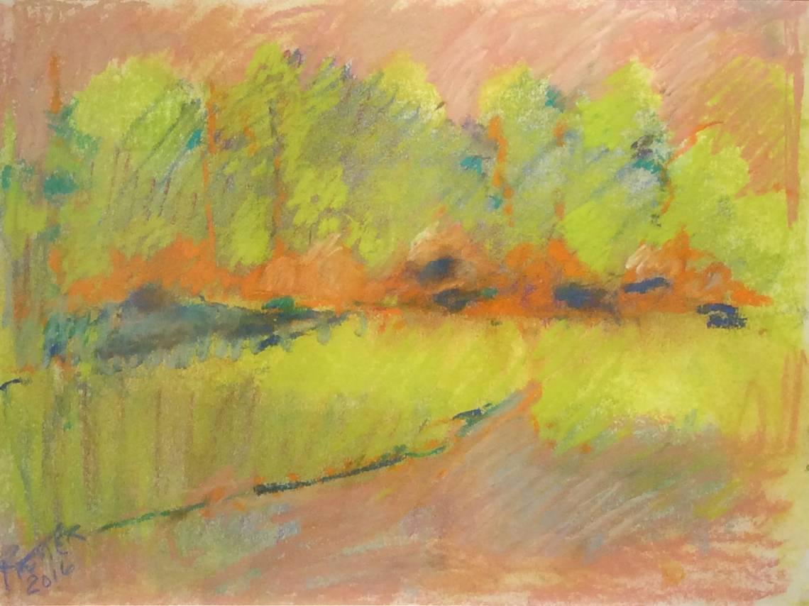 Nancy Rutter Landscape Art - Yellow Field (Ethereal Abstracted Landscape Pastel on Paper)