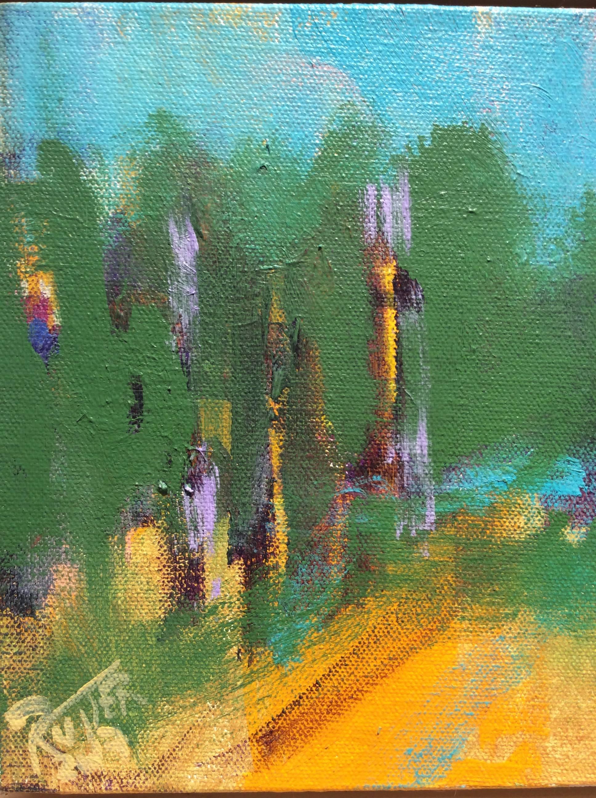 8 x 10 Zoll, Acryl auf Leinwand
9 x 11 x 3 Zoll gerahmt, benutzerdefinierte Holz Floater Frame

Dieses farbenprächtige abstrakte Landschaftsgemälde auf Leinwand ist inspiriert von der Aussicht auf die Felder, die sich in der Nähe des Ateliers des