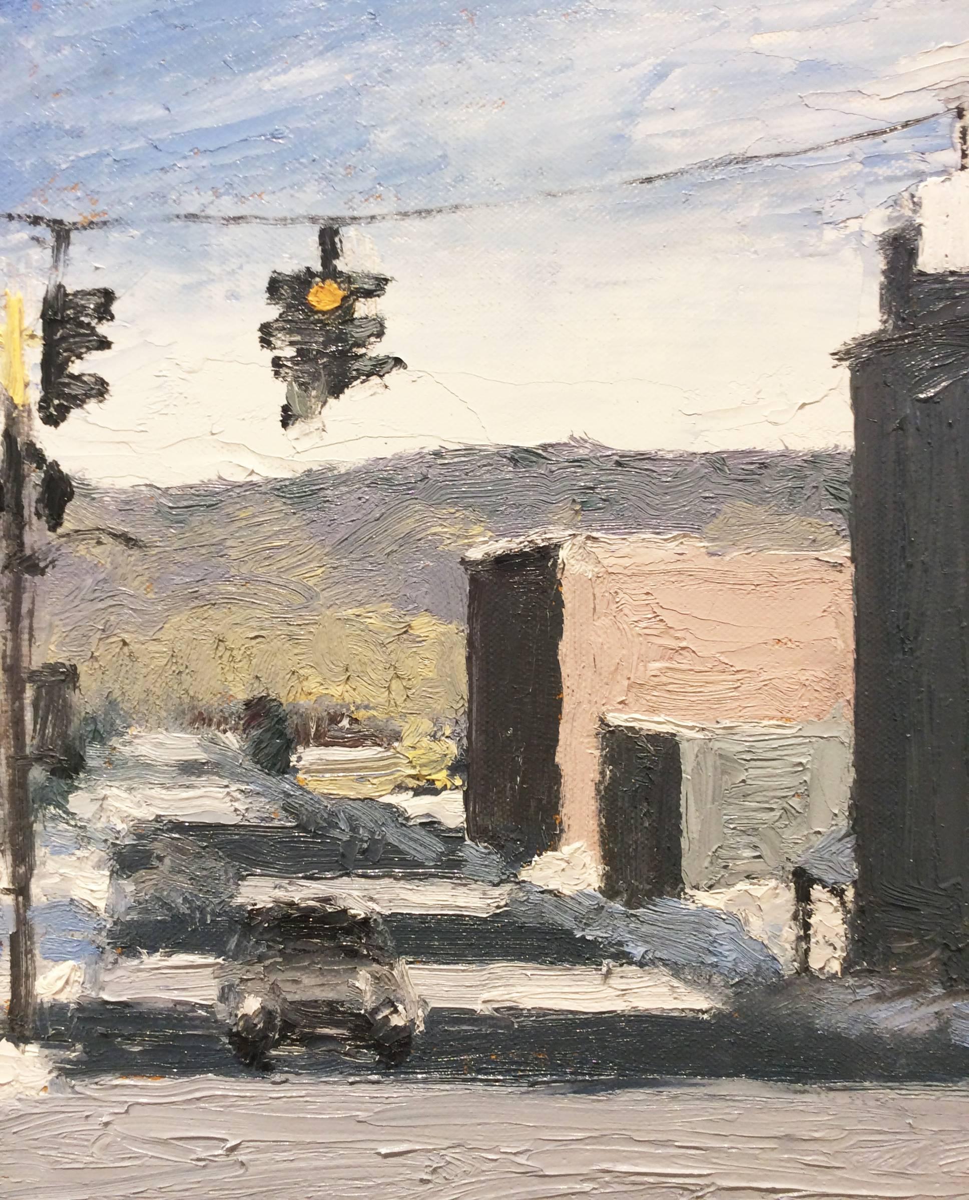 Broad & Ferry St. (Plein Air Cityscape Painting of Upstate New York, Framed)  - Gray Landscape Painting by Matt Chinian