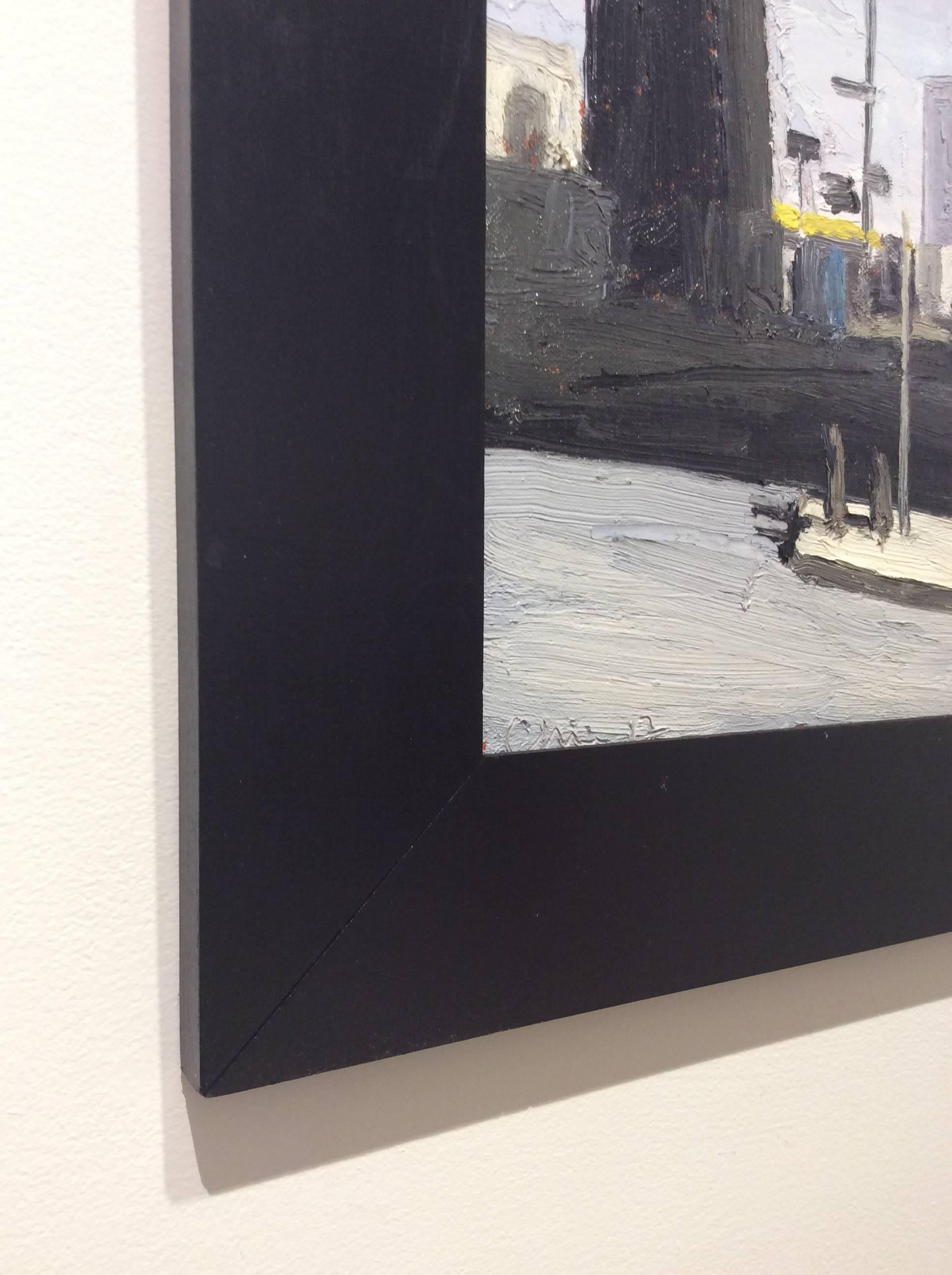 Modern, en plein air cityscape painting of Greenpoint, Brooklyn, NY
oil on canvas board in black wood frame
17.5 x 21.5 inches framed
11.5 x 15.5 inches unframed

This contemporary cityscape painting was made by en plein painter, Matt Chinian, in