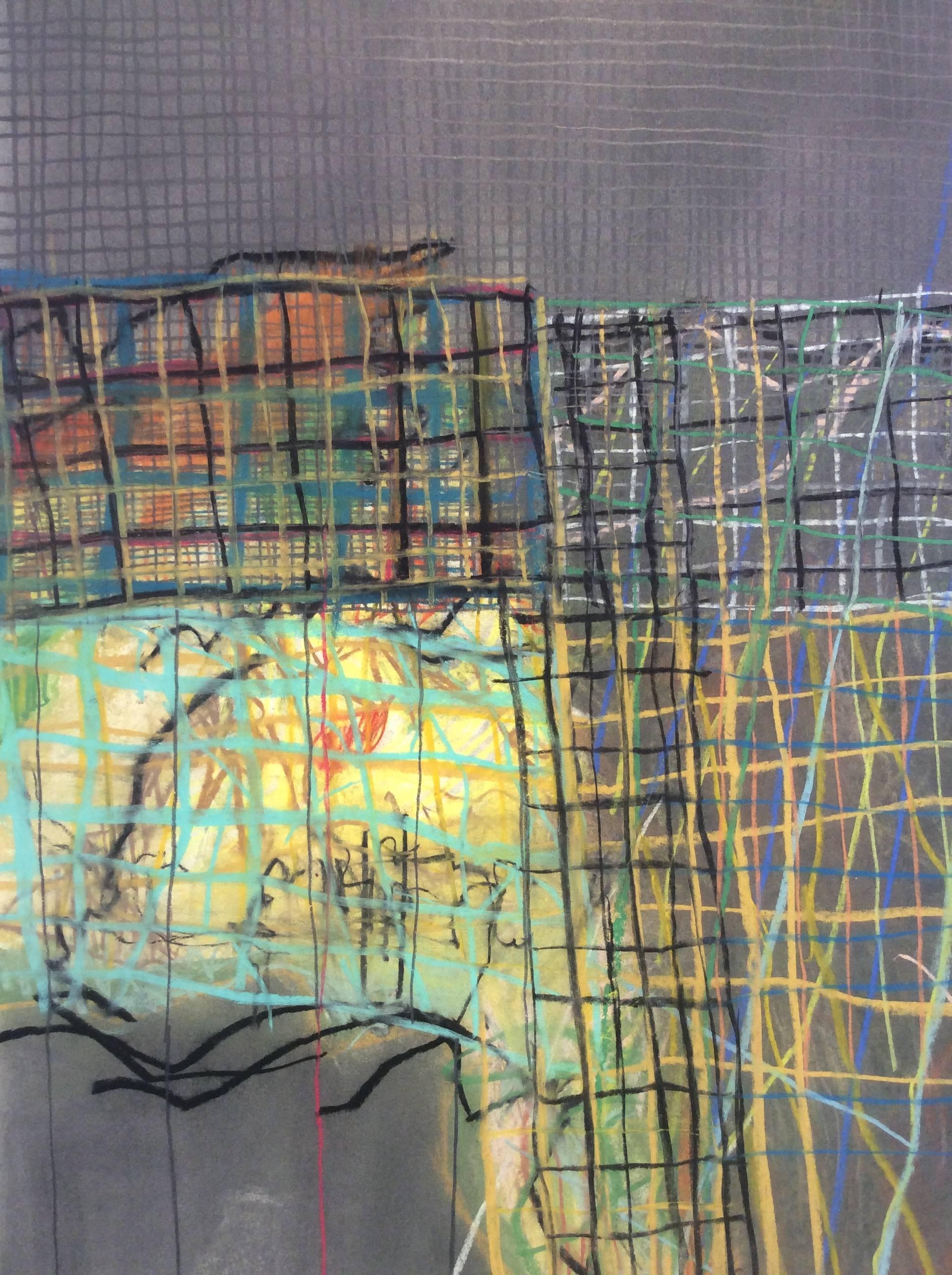 Geography #4 (Abstract Grid Pastel Drawing of Africa in Light Wood Frame)  - Contemporary Painting by Anne Francey