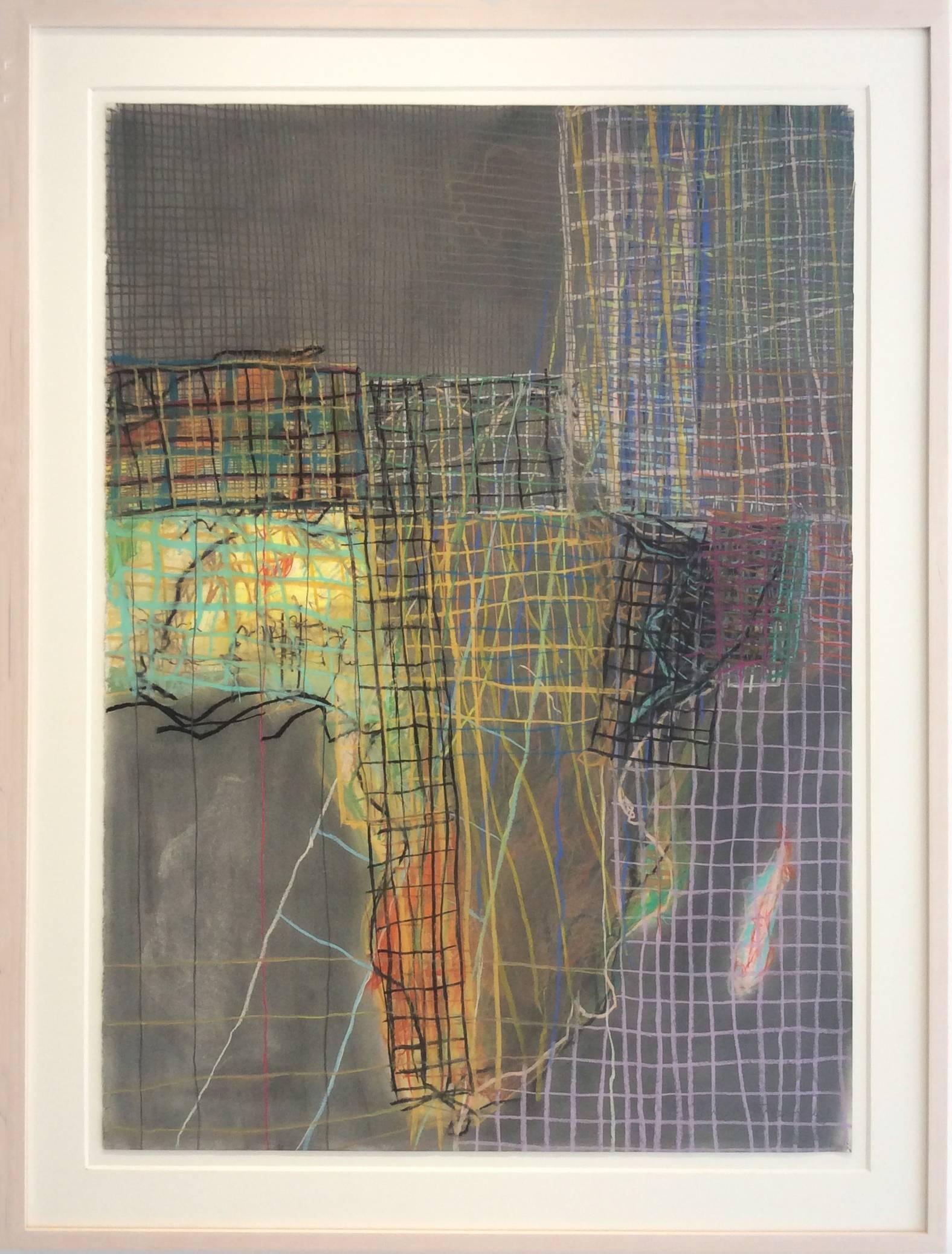 Geography #4 (Abstract Grid Pastel Drawing of Africa in Light Wood Frame)  - Painting by Anne Francey