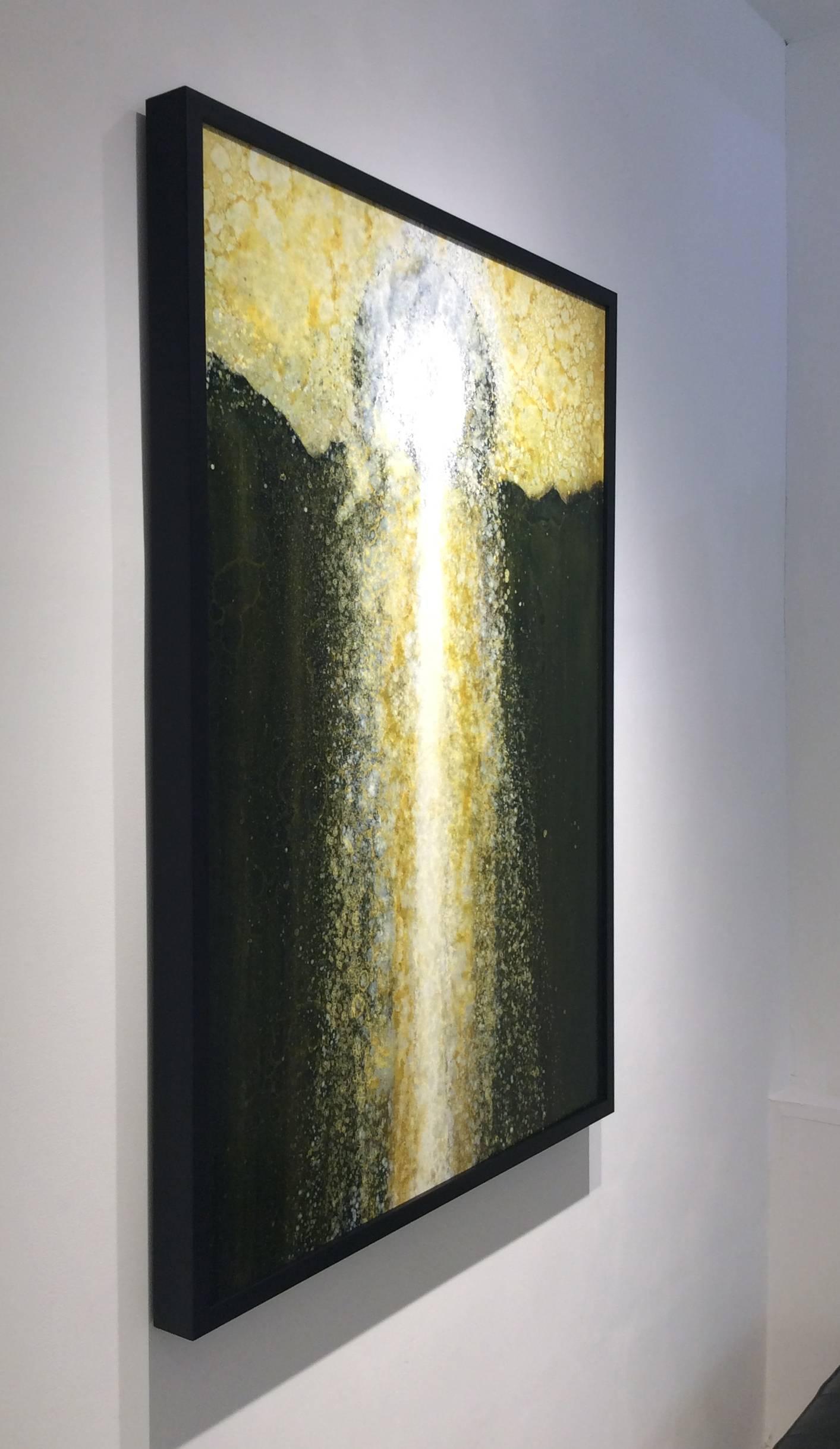 Vertical gestural abstract painting on canvas in golden and pale yellow, dark brown, and white
Oil, alkyd and mineral spirits on canvas framed in a simple black moulding. 
48 x 36 inches unframed, 49.5 x 37.5 inches framed

Inspired by stones,