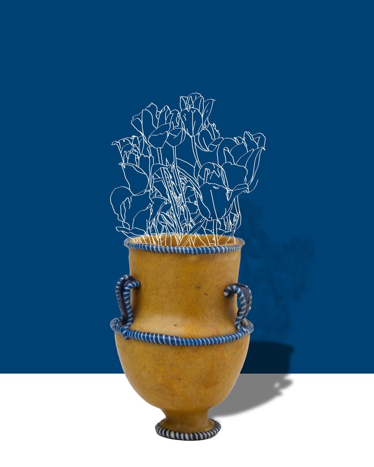 Bryan Meador Dark Cerulean Abstracted Flower Still Life Dark Cerulean Abstracted Still Life Photograph Of Antique Vase On Blue