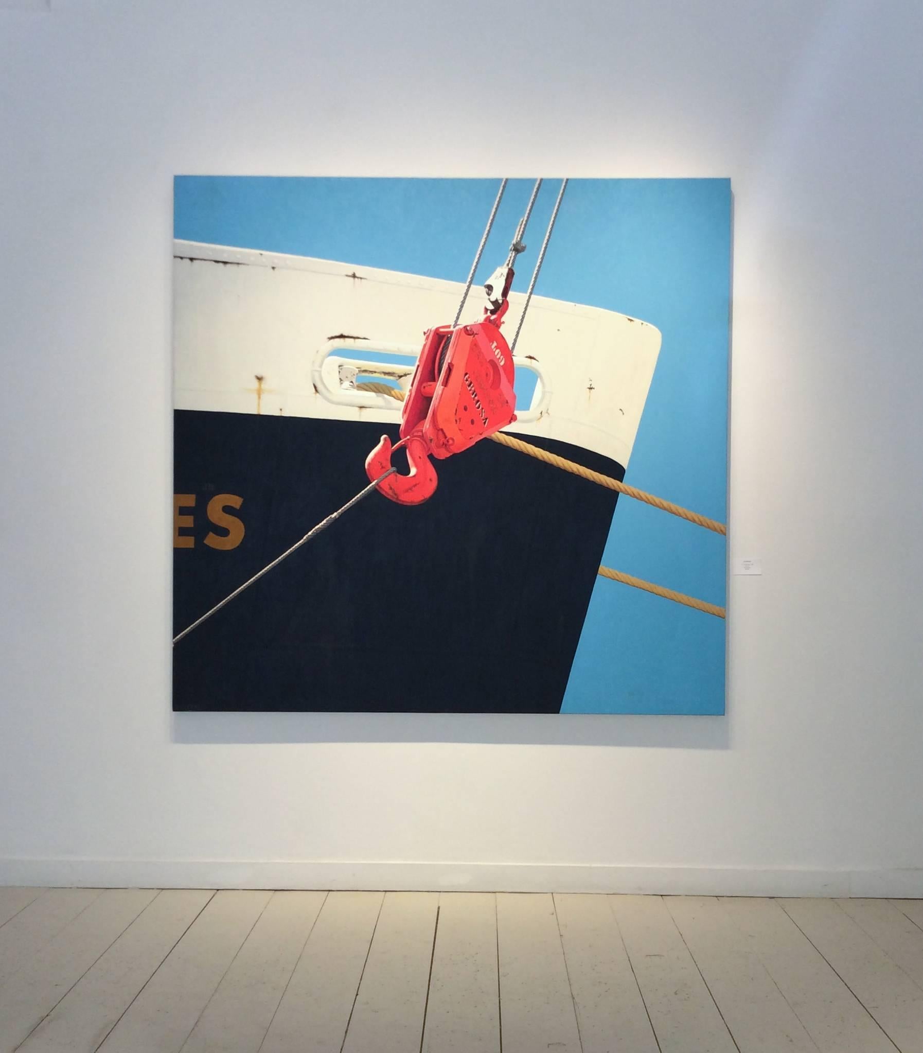 Gerosa (Nautical Photo Realist Painting of Industrial Ship with Red Hook) - White Still-Life Painting by Joe Richards