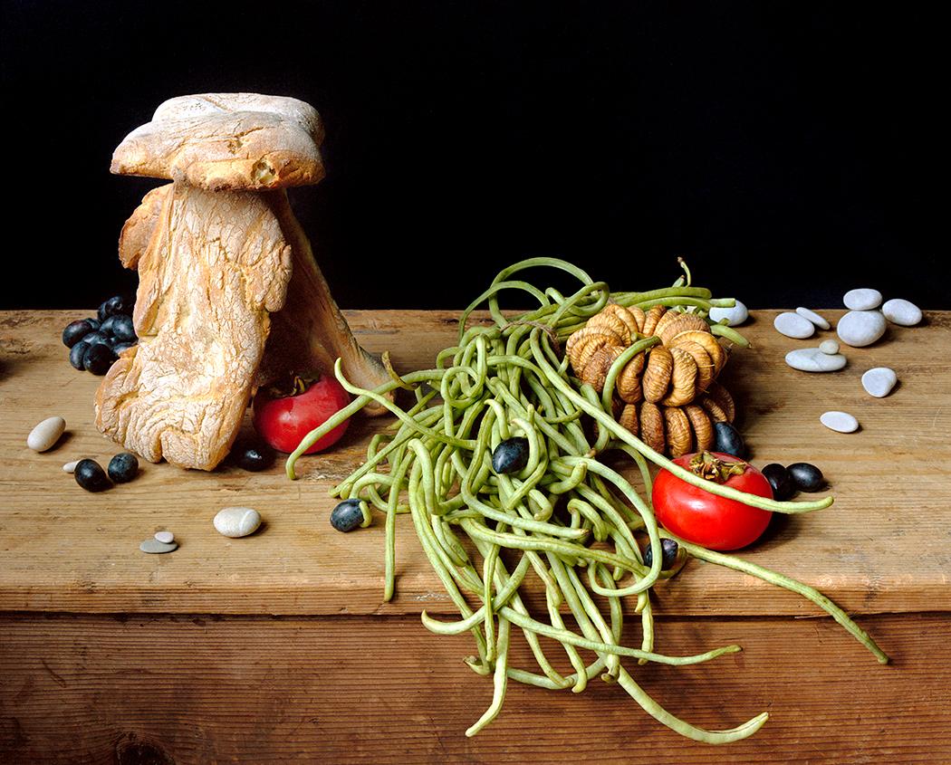 David Halliday Still-Life Photograph - Bread House (Framed Food Still Life Photograph of Bread, Vegetables & Stones) 