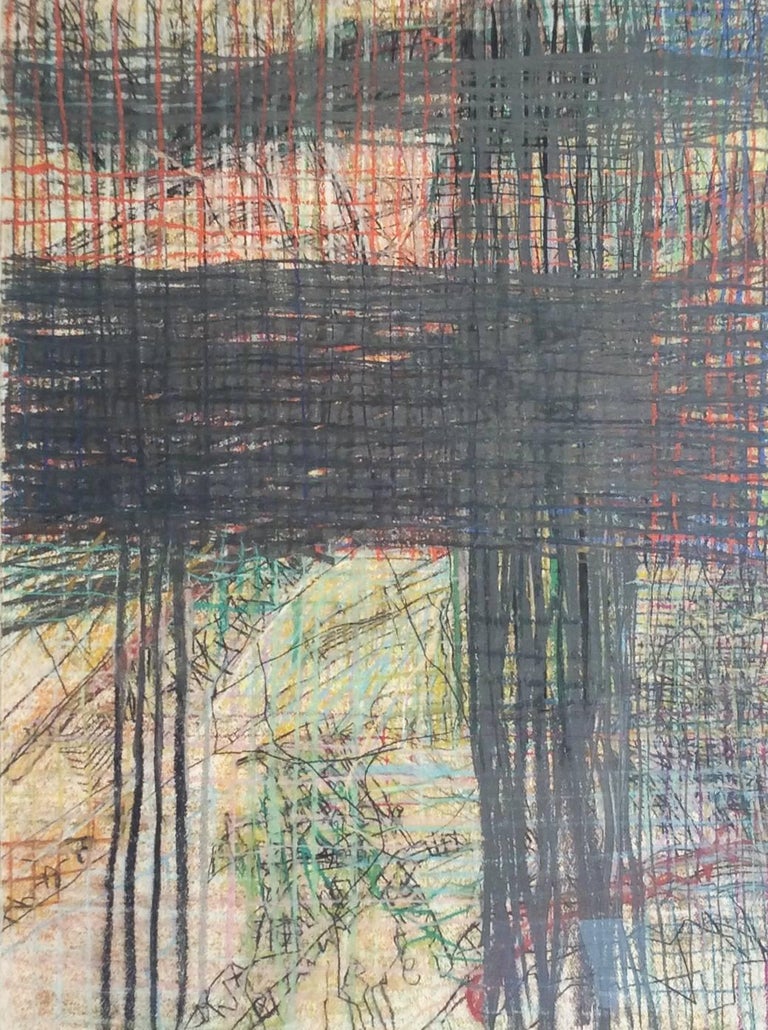 Anne Francey Abstract Drawing - Geography #3 (Abstract Gestural Grid Drawing in Dark & Light Pastels, Framed) 