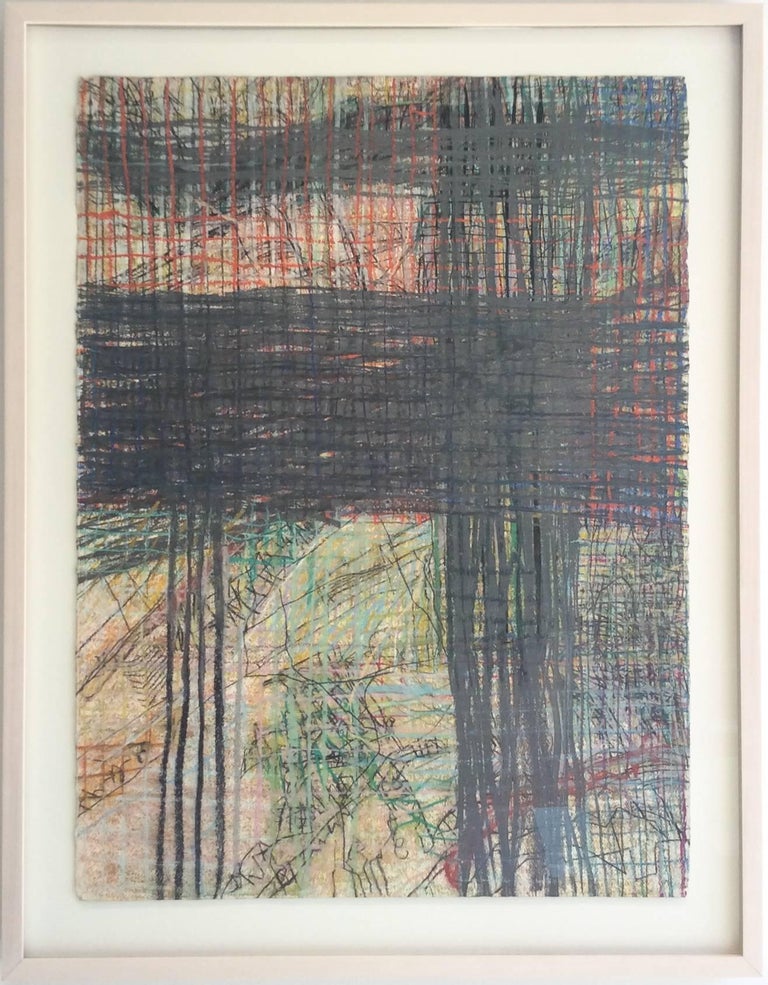 Geography #3 (Abstract Gestural Grid Drawing in Dark & Light Pastels, Framed)  - Art by Anne Francey