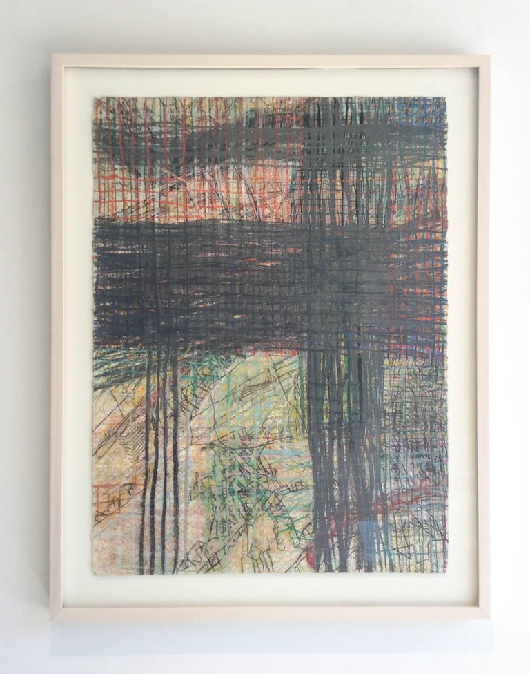 Geography #3 (Abstract Gestural Grid Drawing in Dark & Light Pastels, Framed)  - Contemporary Art by Anne Francey