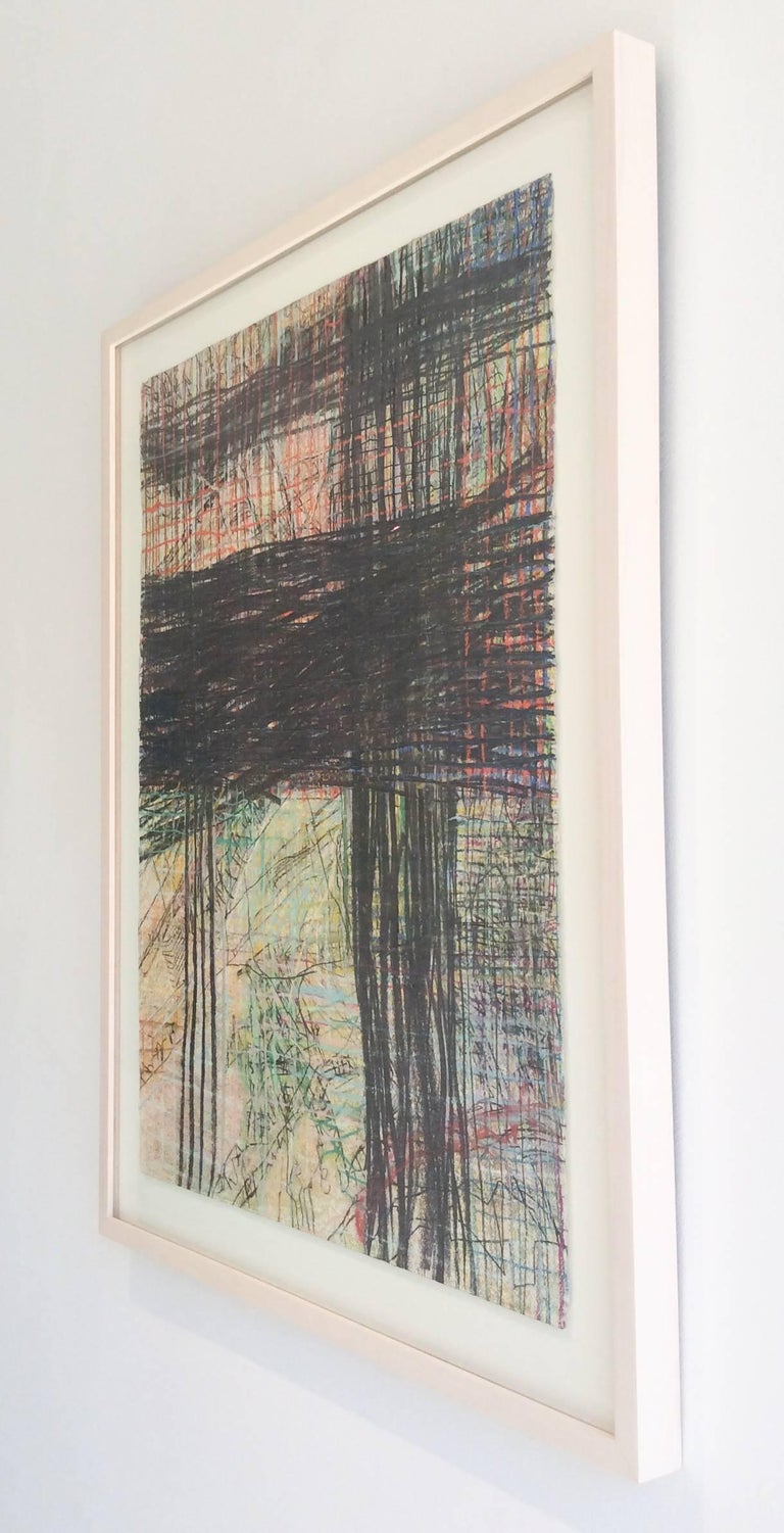 Geography #3 (Abstract Gestural Grid Drawing in Dark & Light Pastels, Framed)  - Gray Abstract Drawing by Anne Francey