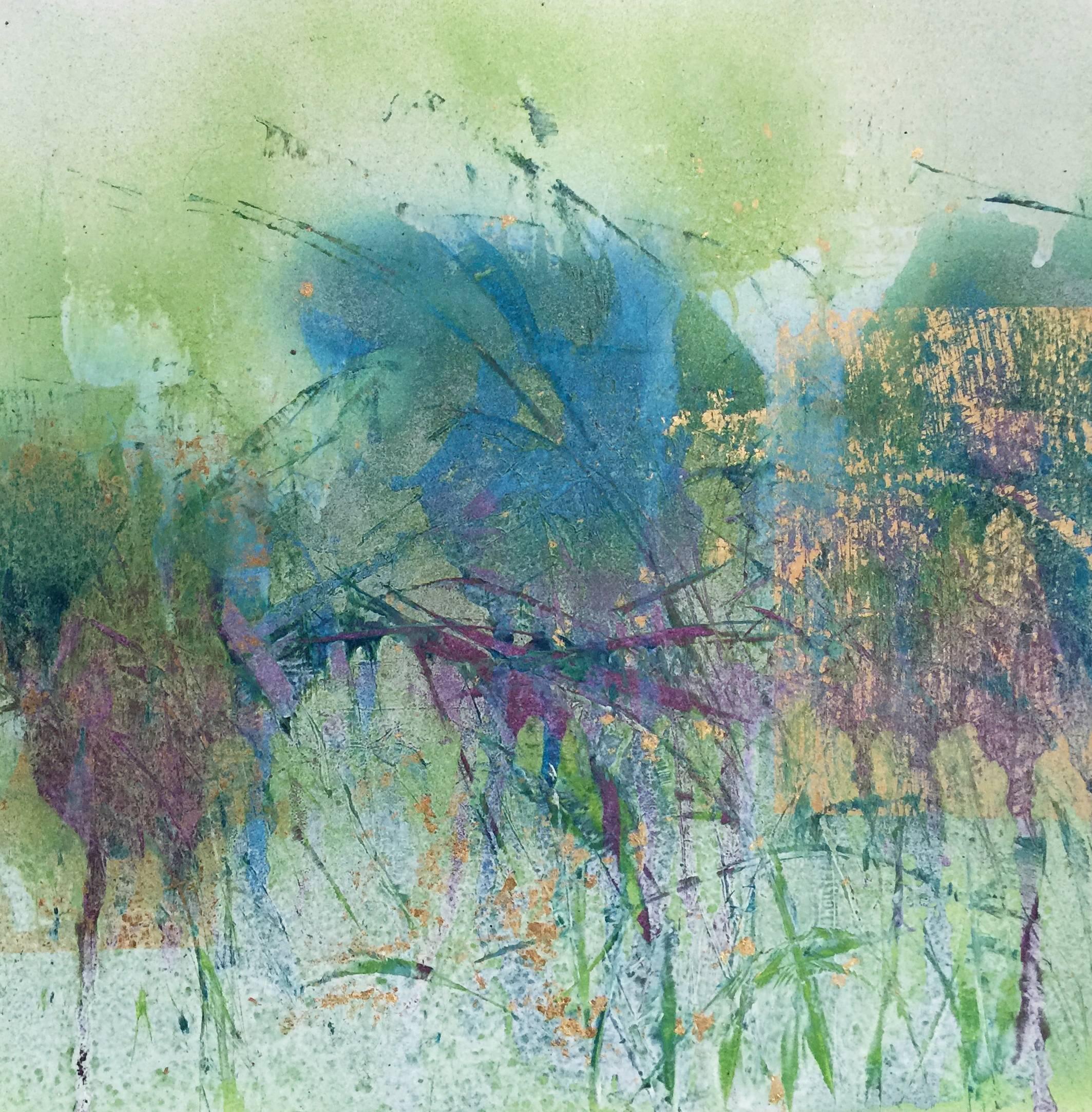 Pondering Evolution (Abstract Landscape with Pale Green, Teal, Purple & Gold) - Painting by Bruce Murphy