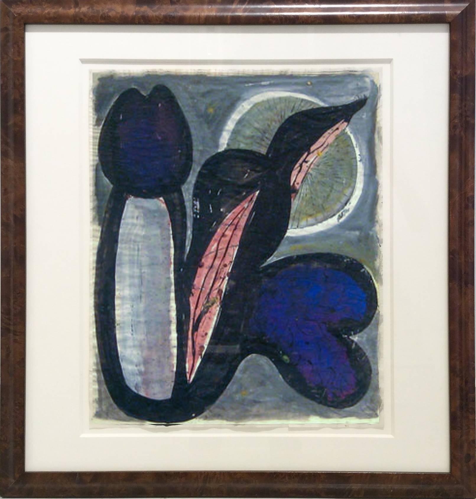 gouache on paper
17 x 14 inches
framed size is 23.5 x 22 x 1 inches
Dark Brown wood burl molding, 8 ply mat

This abstract painting on paper was painted by Onni Saari c. 1970. The abstracted phallic shape is defined with dark hues of grey, purple,