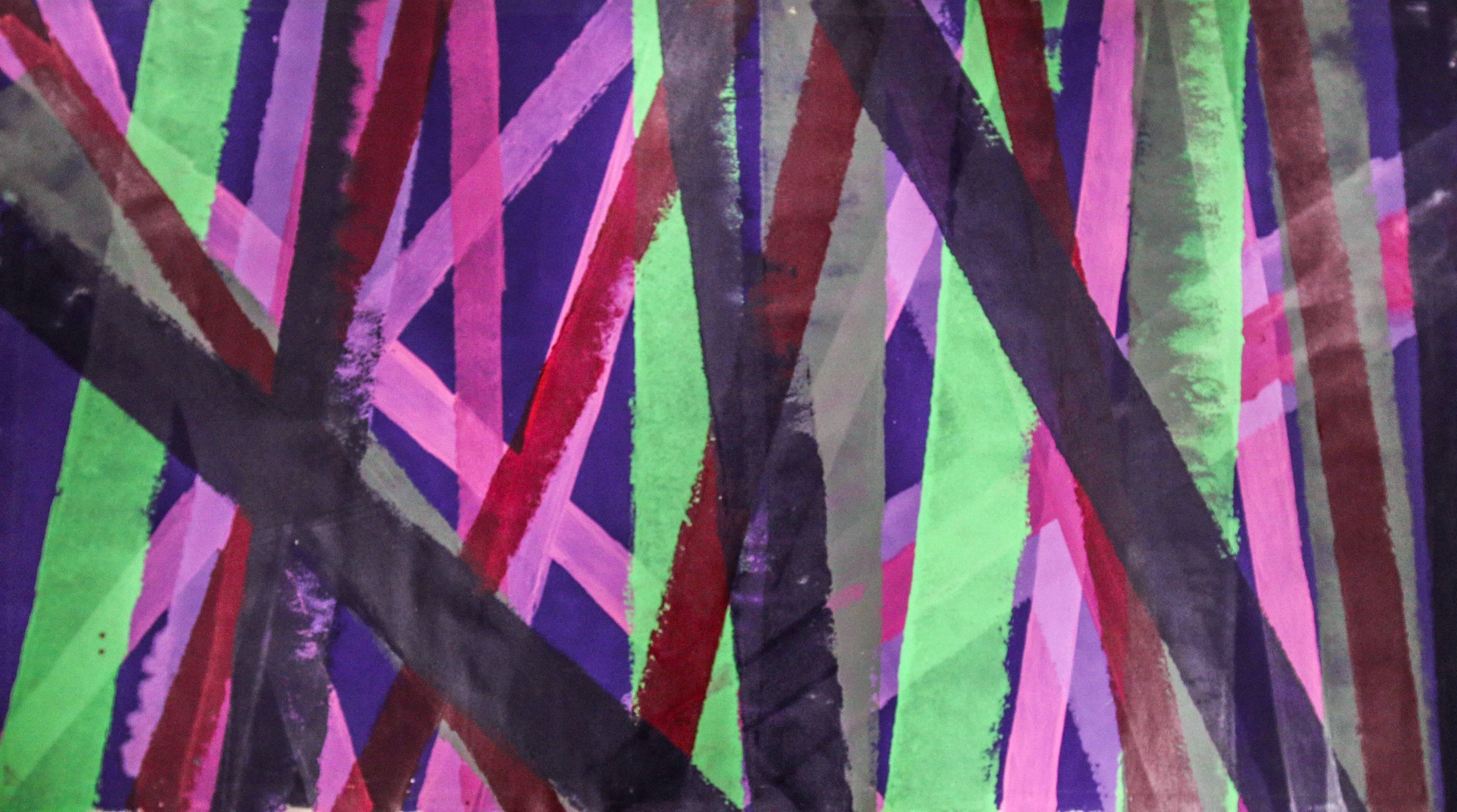 Edward Avedesian Abstract Painting - Untitled 017 (Abstract, Mid-Century Modern, Vertical Magenta & Green Stripes)