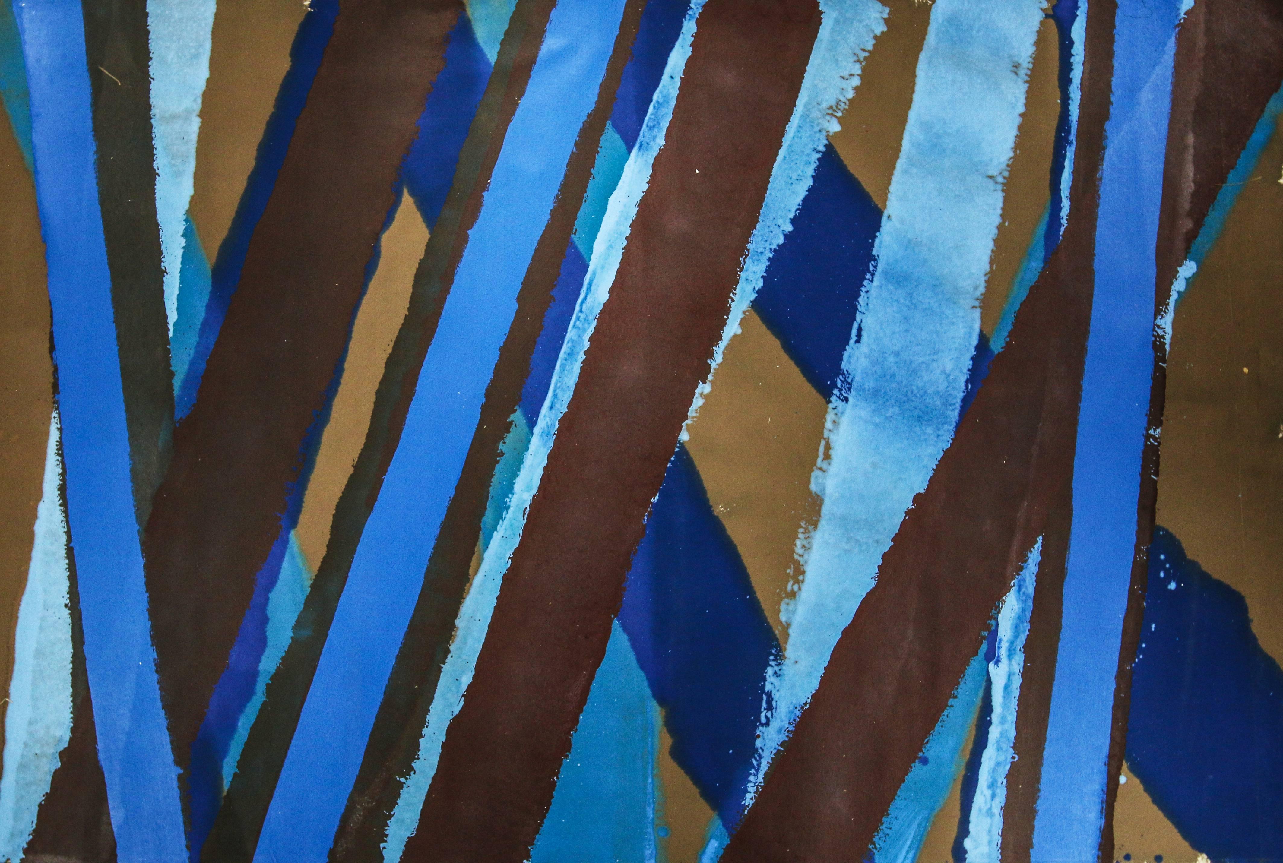 Edward Avedesian Abstract Painting - Untitled 011 (Abstract Sky Blue, Ultramarine & Brown Stripe Horizontal Painting)