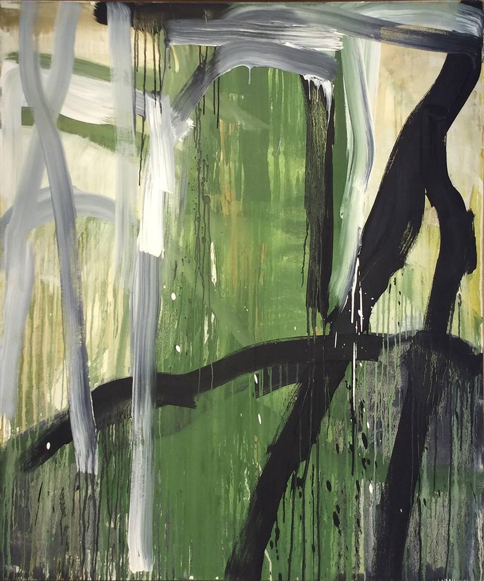 Christopher Engel Abstract Painting - In the Beginning: Abstract Expressionist Painting in Green, White & Black