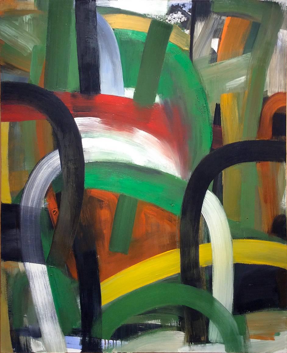 Christopher Engel Abstract Painting - Parade (Large Abstract Expressionist Painting in Red, Yellow, Green, Black)