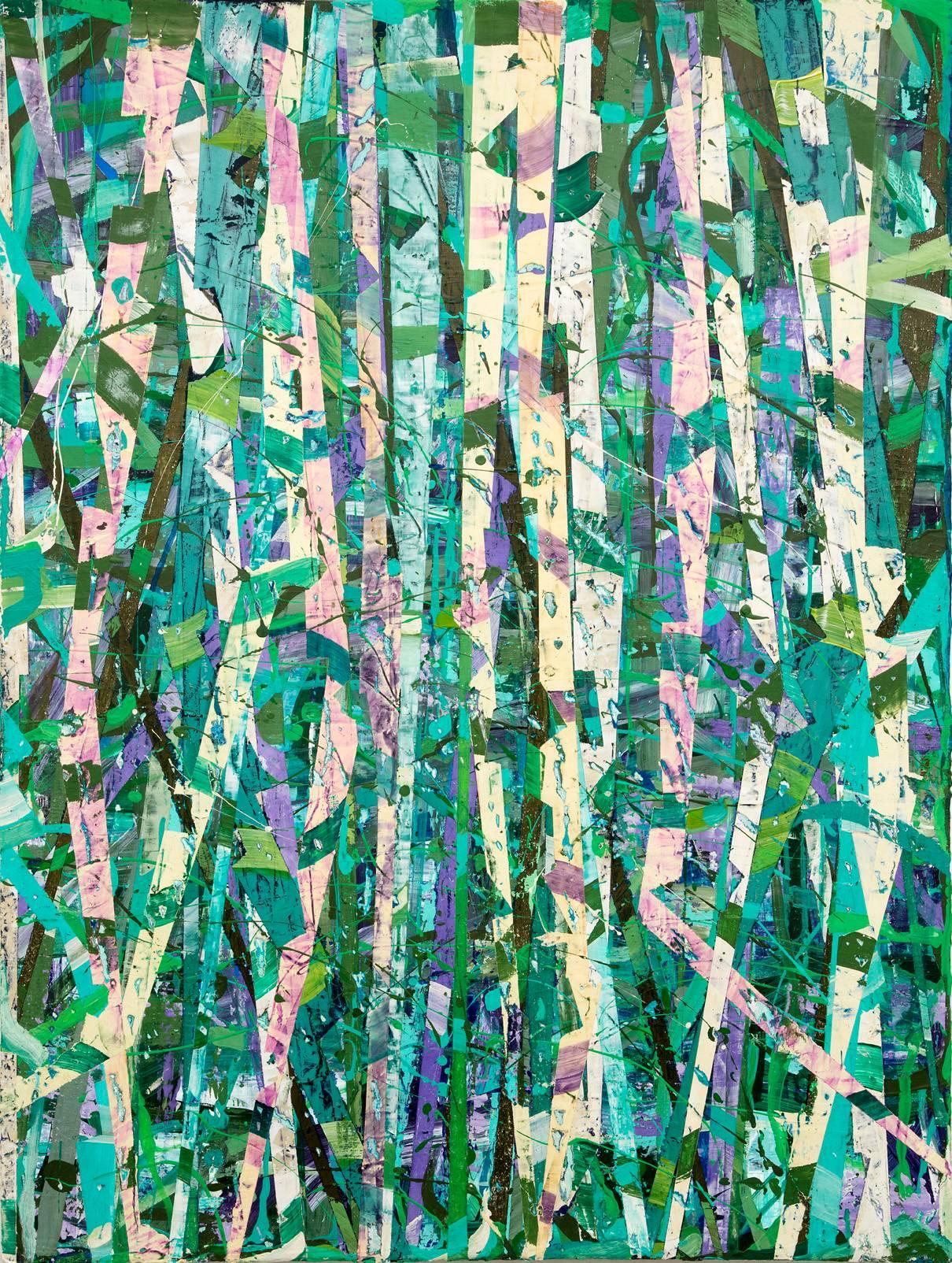 Taghkanic Creek, 14 mai (peinture abstraite moderne sur toile en vert et sarcelle) - Mixed Media Art de Vincent Pomilio
