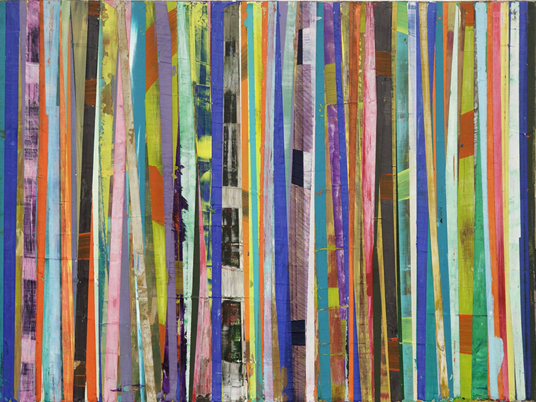 Bar-Code: Horizontal Mixed Media Painting with Colorful Vertical Striped Pattern