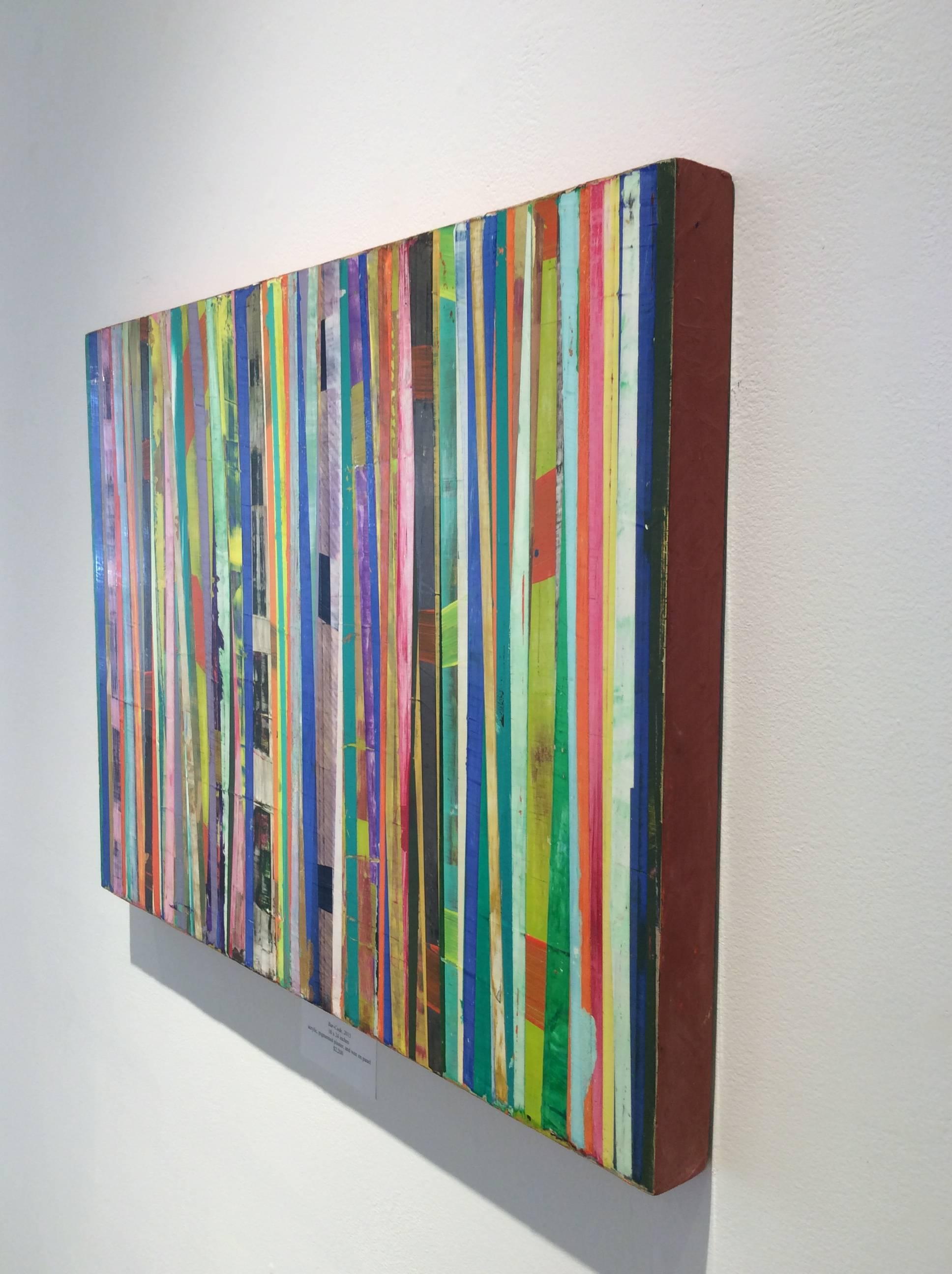 Code de barre : Peinture horizontale de supports mixtes avec motif rayé vertical coloré - Painting de Vincent Pomilio