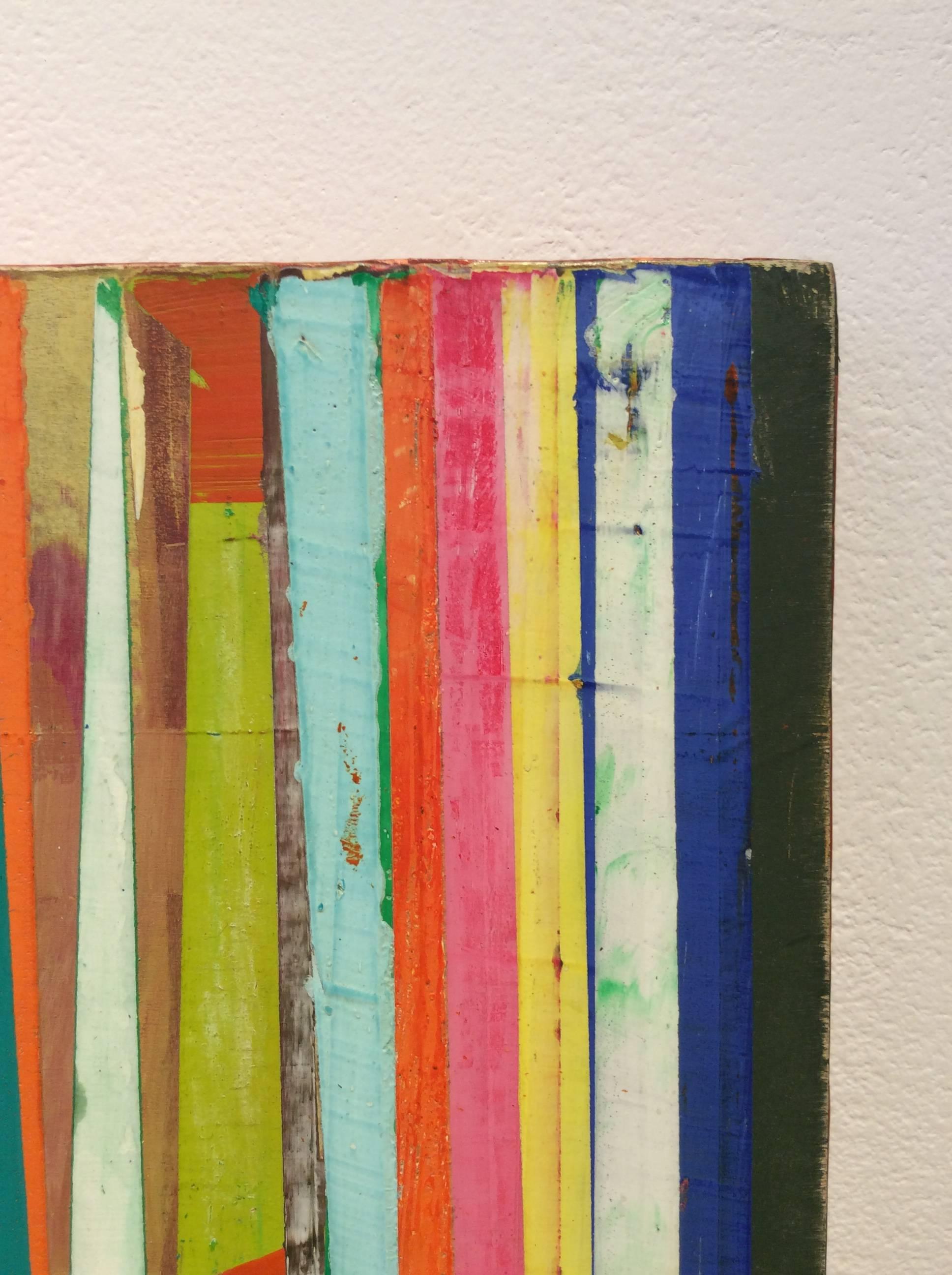 Code de barre : Peinture horizontale de supports mixtes avec motif rayé vertical coloré - Abstrait Painting par Vincent Pomilio