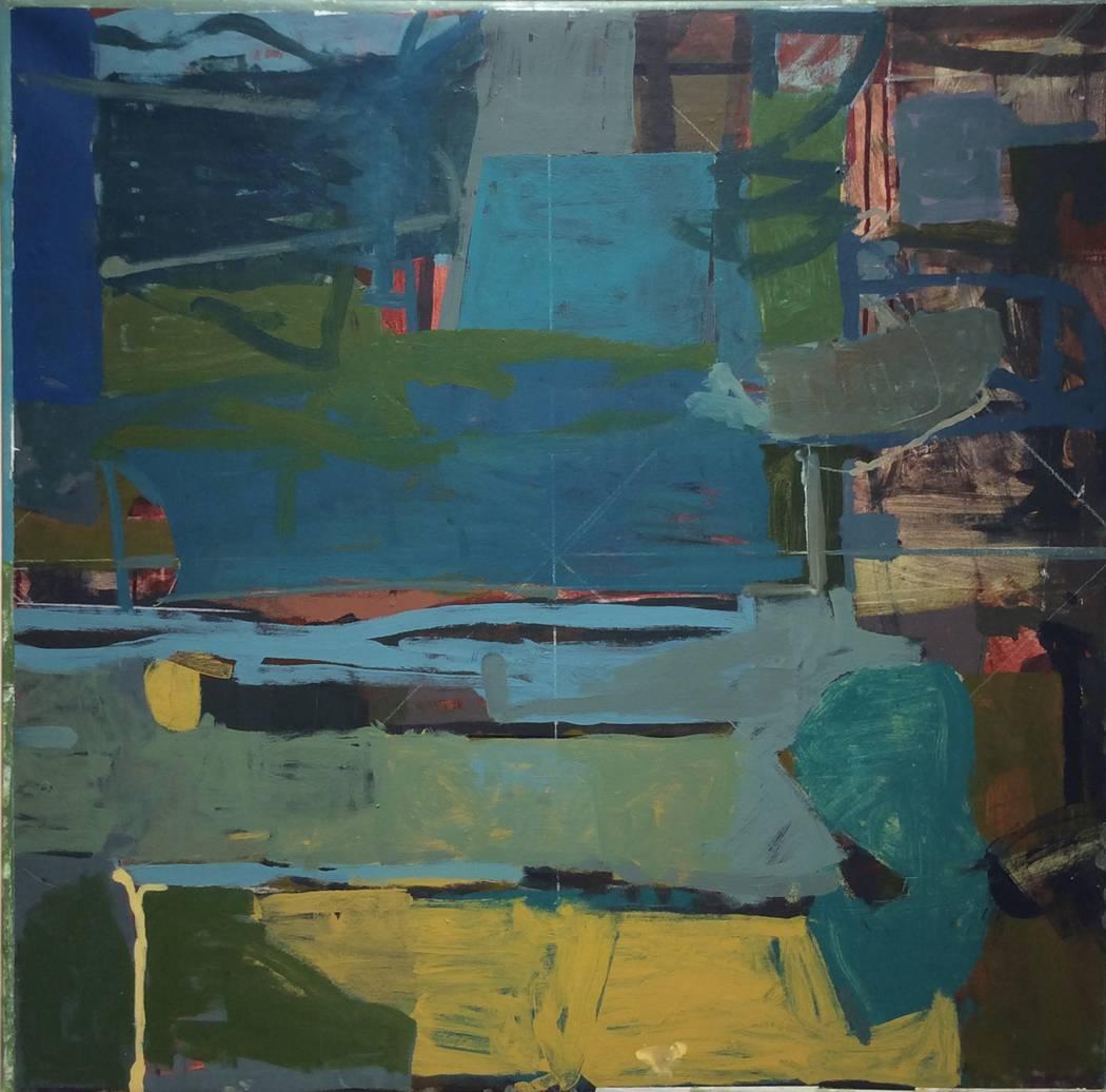 Abstract painting in tones of deep blue, earth green and citron
acrylic on canvas
36 x 36 x 1 inches
thin, white wood stripping covers edges.

With the work of Richard Diebenkorn acting as a major influence on James O'Shea's work, this painting is a