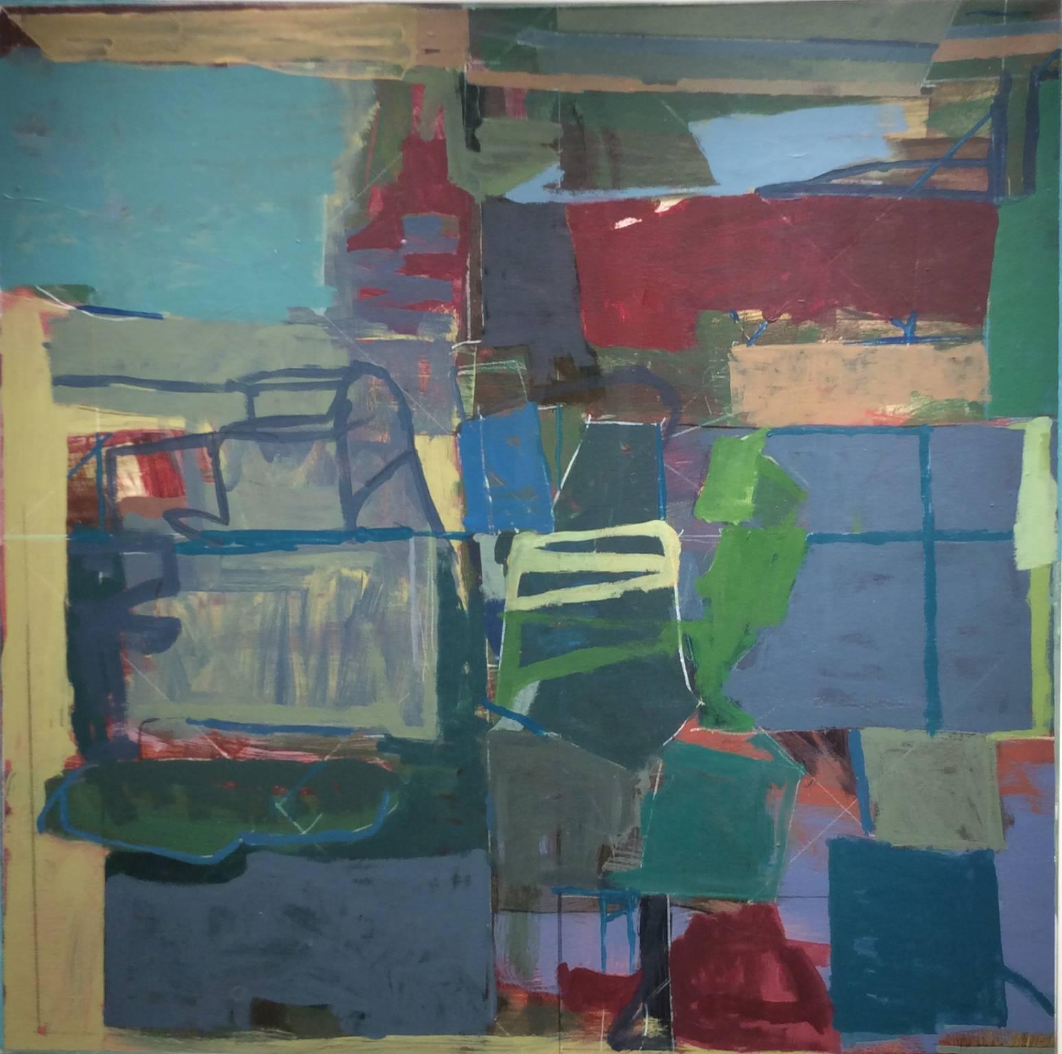 Ottobre, la luce (Pittura astratta moderna in blu, viola, pesca & verde) - Painting di James O'Shea
