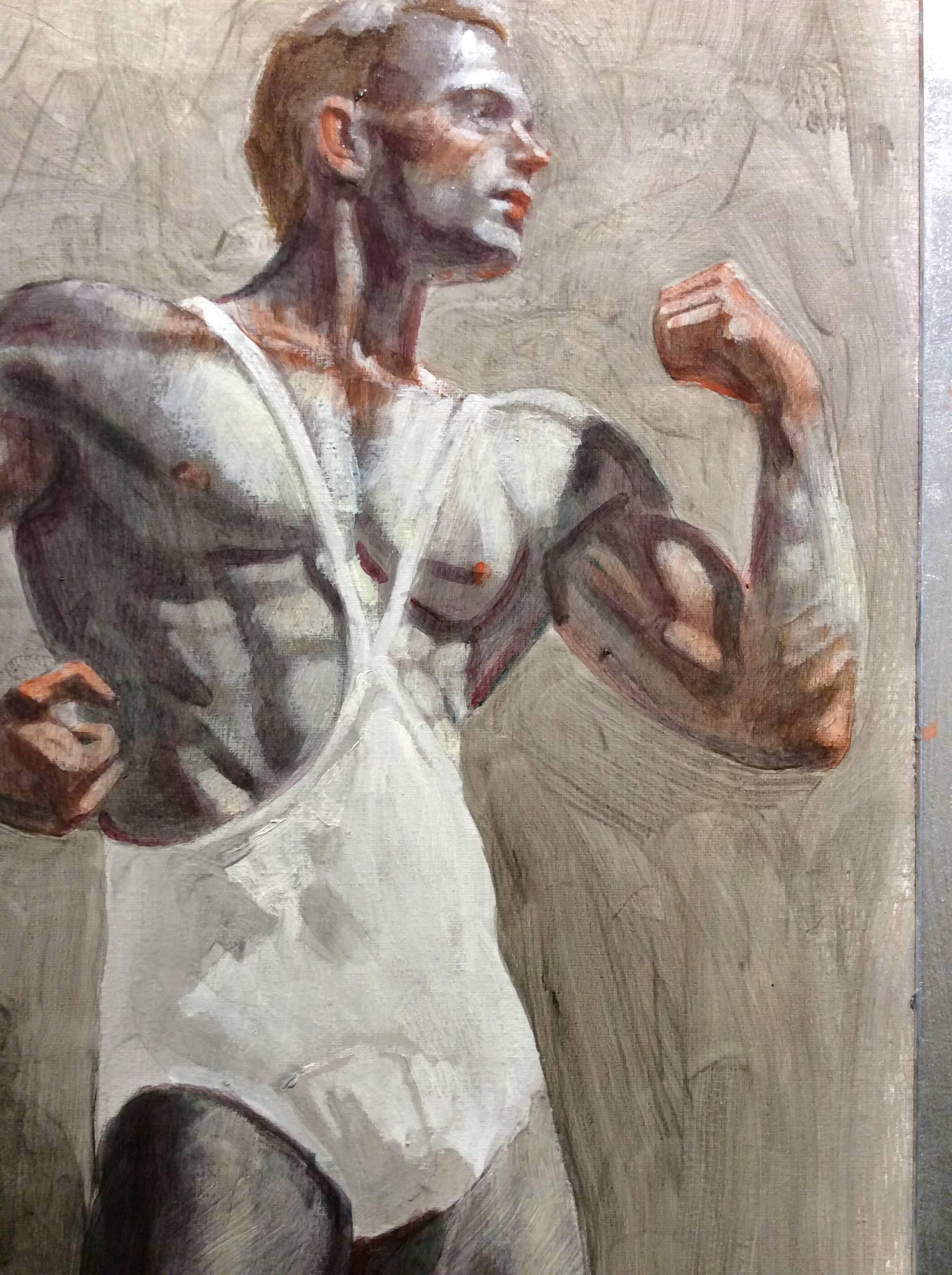 Body Builder (Contemporary Oil Painting of Single Male Athlete) by Mark Beard
oil on canvas with artist made silver wood frame
30 x 15 inches unframed, 33.5 x 19 inches framed

This is a classical, medium side vertical portrait of a male athlete