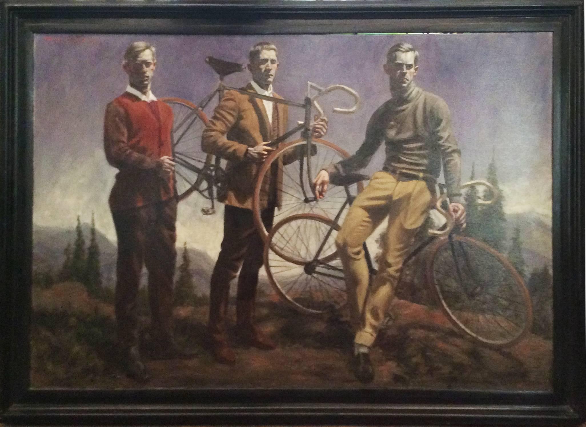 Mark Beard Figurative Painting - Three Bicyclists