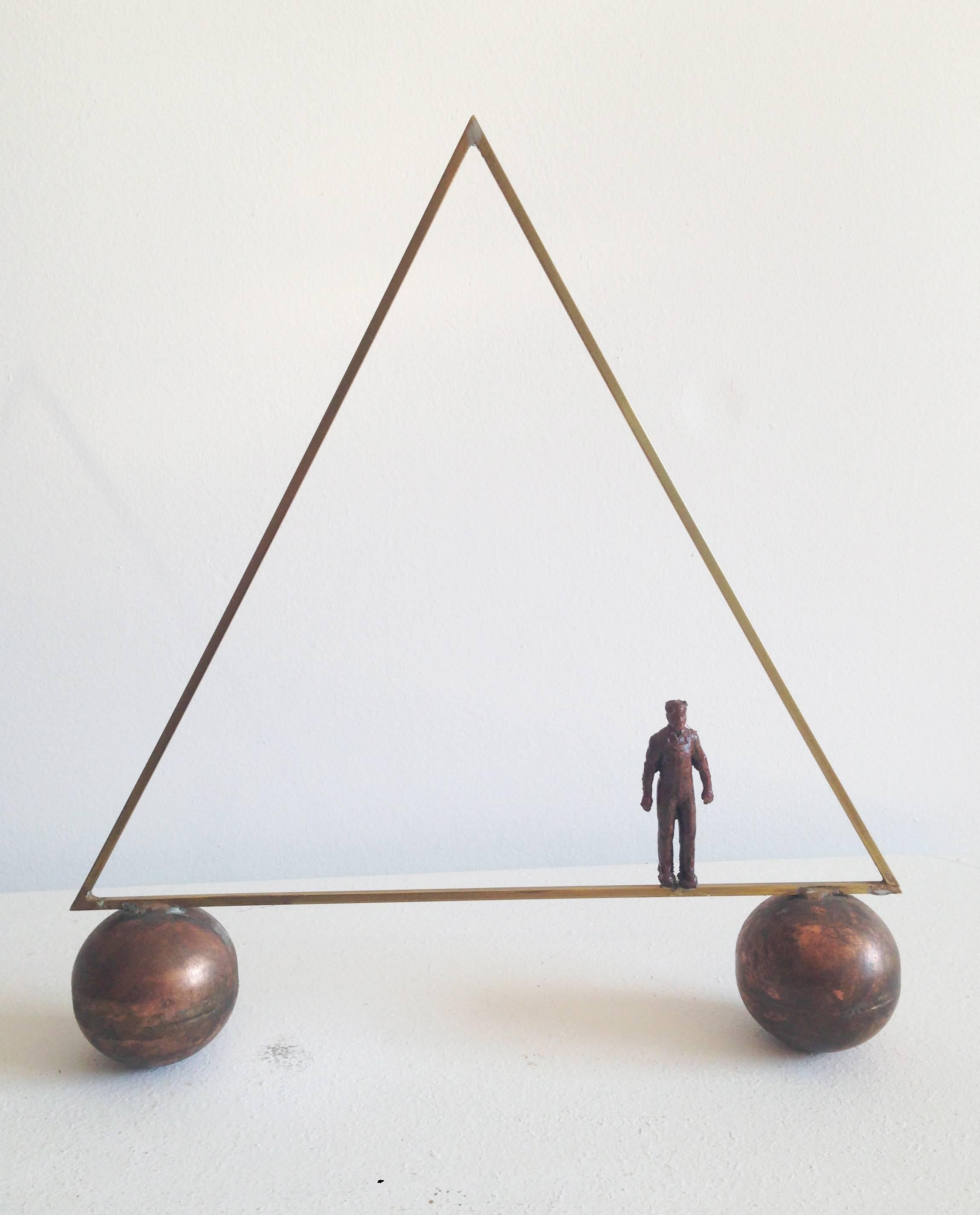 Leon Smith Abstract Sculpture - On Edge (Mid Century Modern Small Scale Triangle Sculpture with Small Figure)
