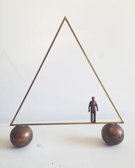 On Edge (Mid Century Modern Small Scale Triangle Sculpture with Small Figure)