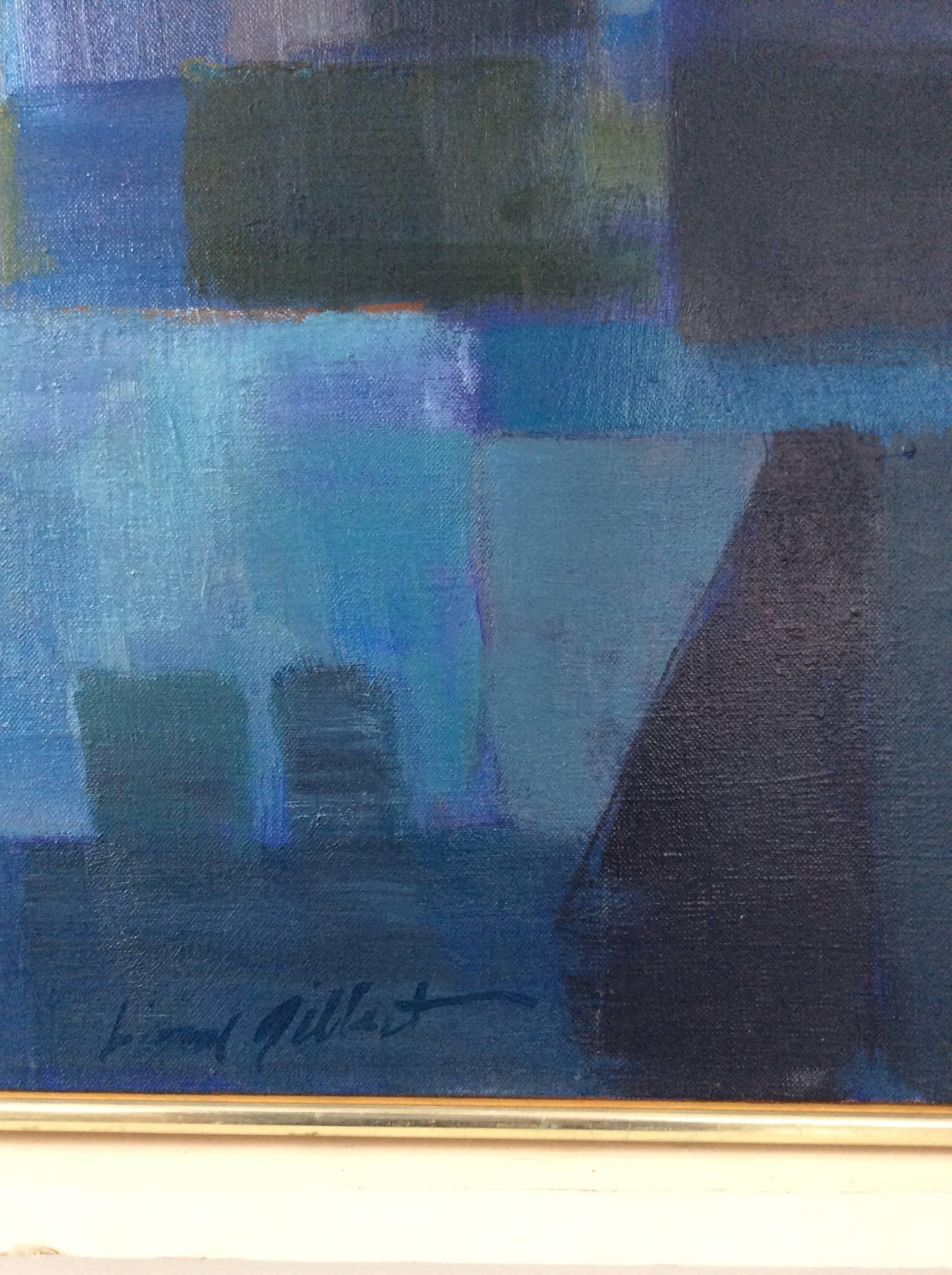 Blue City (Mid Century Modern, Abstracted Cityscape Oil Painting on Linen) 1