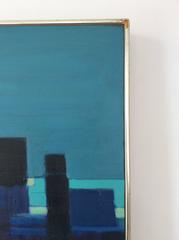 Blue City (Mid Century Modern, Abstracted Cityscape Oil Painting on Linen)