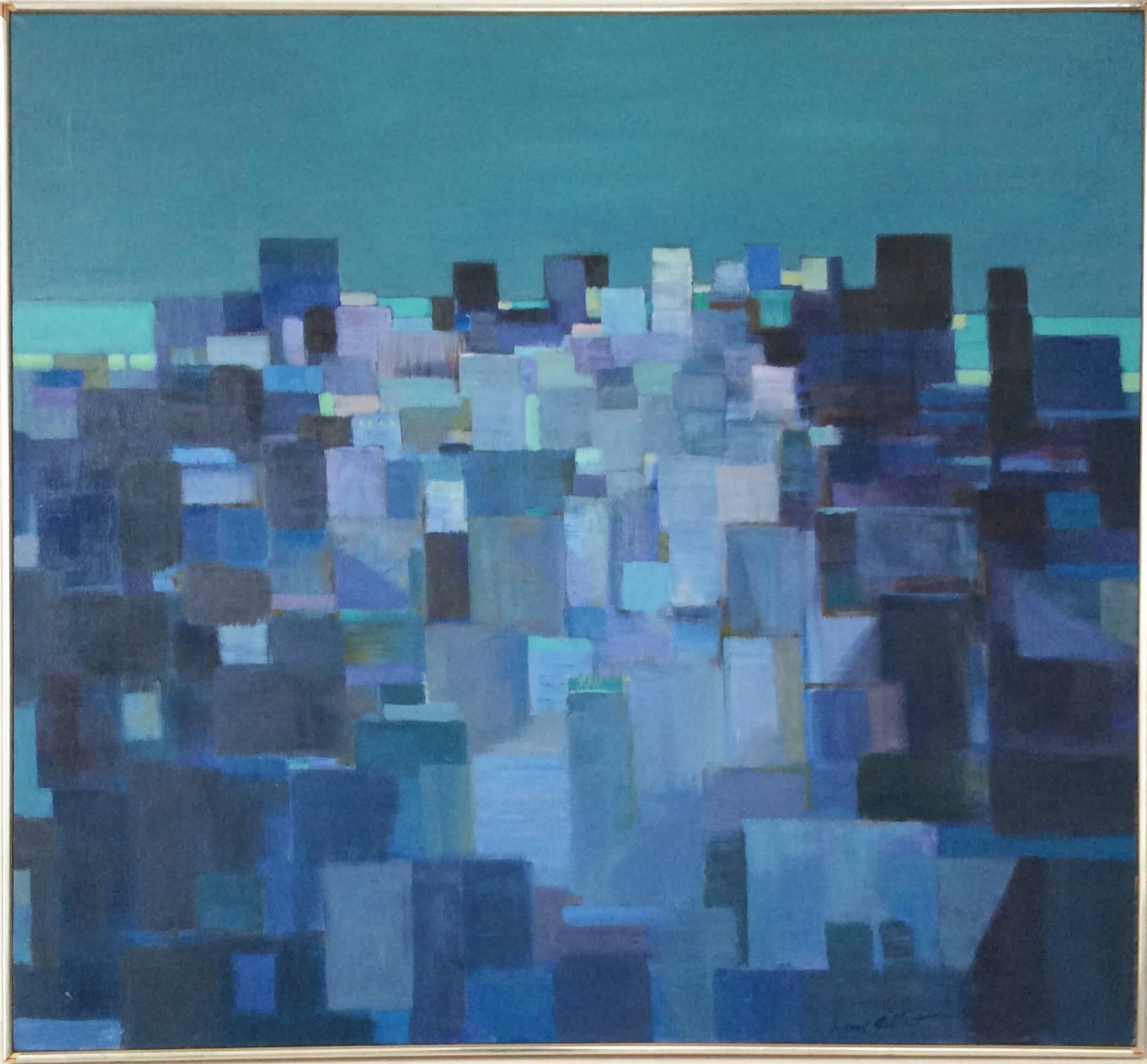 Lionel Gilbert Abstract Painting - Blue City (Mid Century Modern, Abstracted Cityscape Oil Painting on Linen)