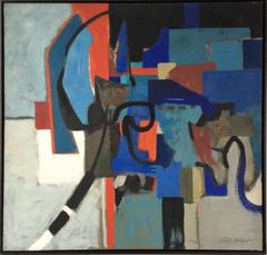 Abstract Red Blue Black (Mid Century Modern, Abstract Oil Painting c.1965)