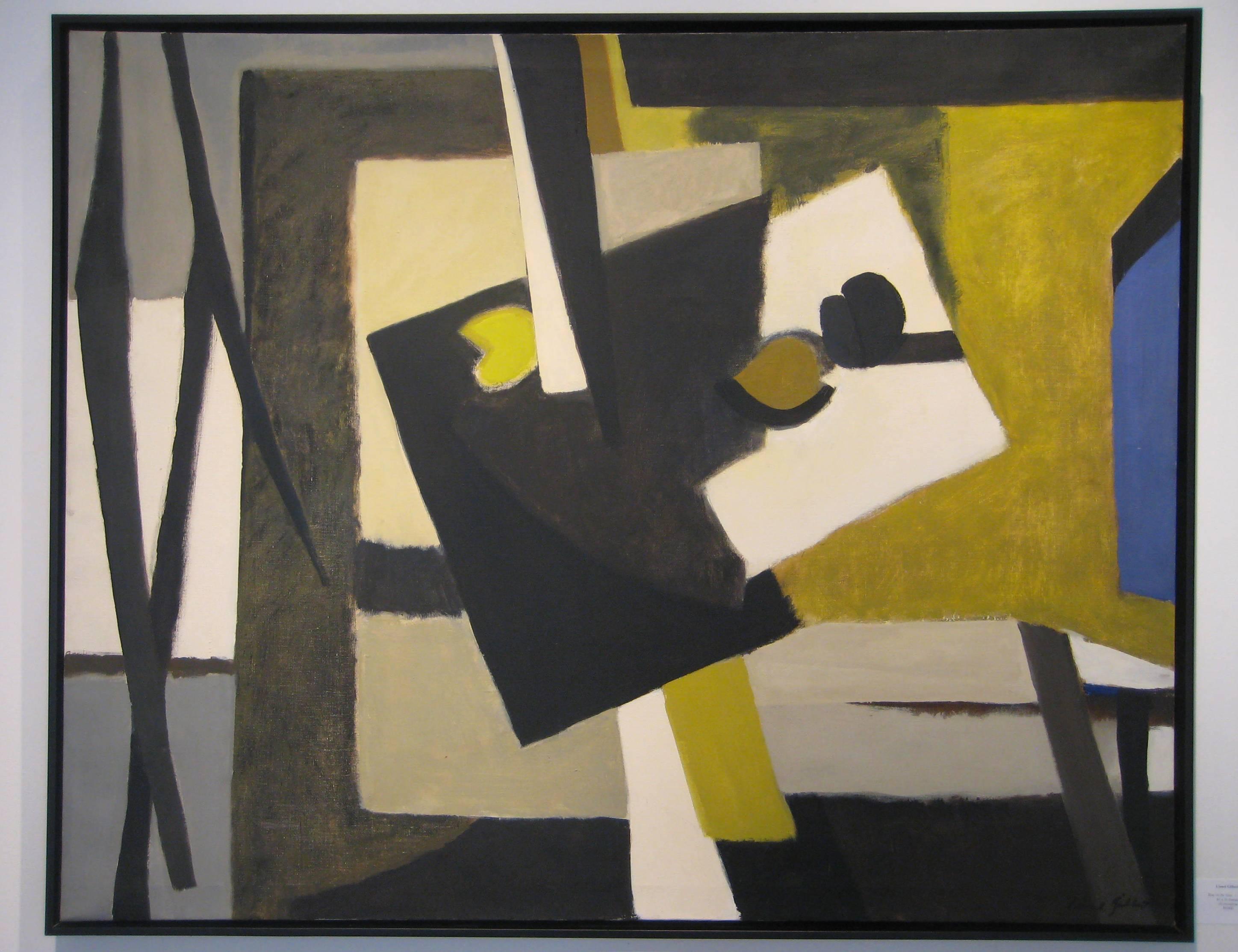 Blue on the Side: Abstract, Cubist Style Still Life Oil Painting c. 1965 (Schwarz), Still-Life Painting, von Lionel Gilbert