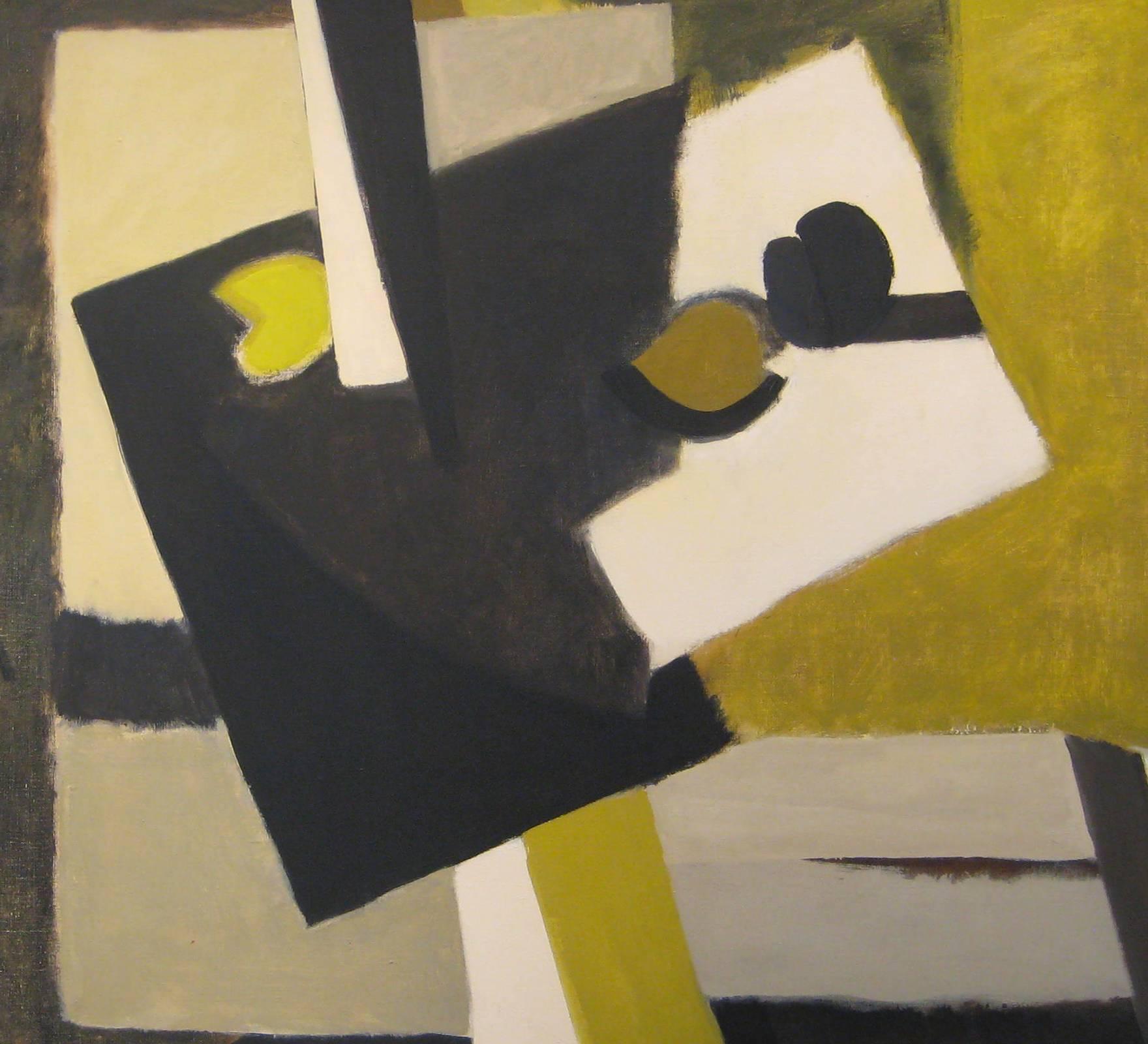 Mid-century modern inspired abstract still life painting on canvas by New York City artist, Lionel Gilbert, c. 1965
oil on canvas with custom black floater frame (Larson Juhl)
41 x 50 x 2 inches framed

This horizontal painting was painted by Lionel