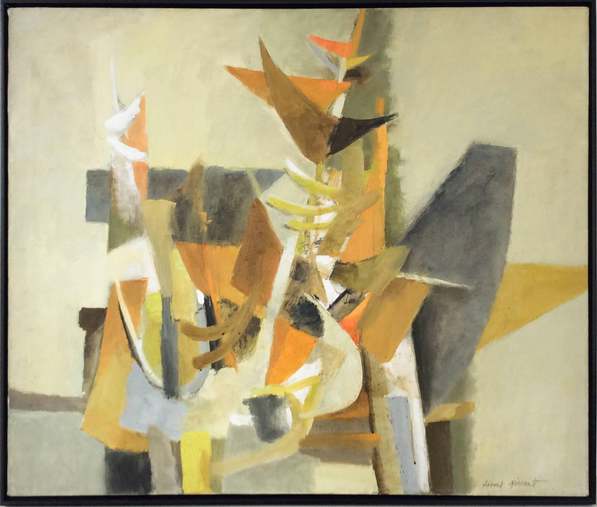 Lionel Gilbert Still-Life Painting - Small Flags (Mid Century Abstract, Cubist Oil Painting in Amber Yellow, Orange)