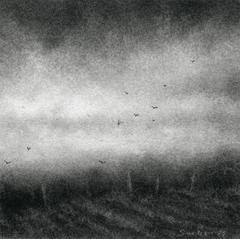 Edgeland XII (Modern Realist Miniature Charcoal Landscape Drawing on Paper)