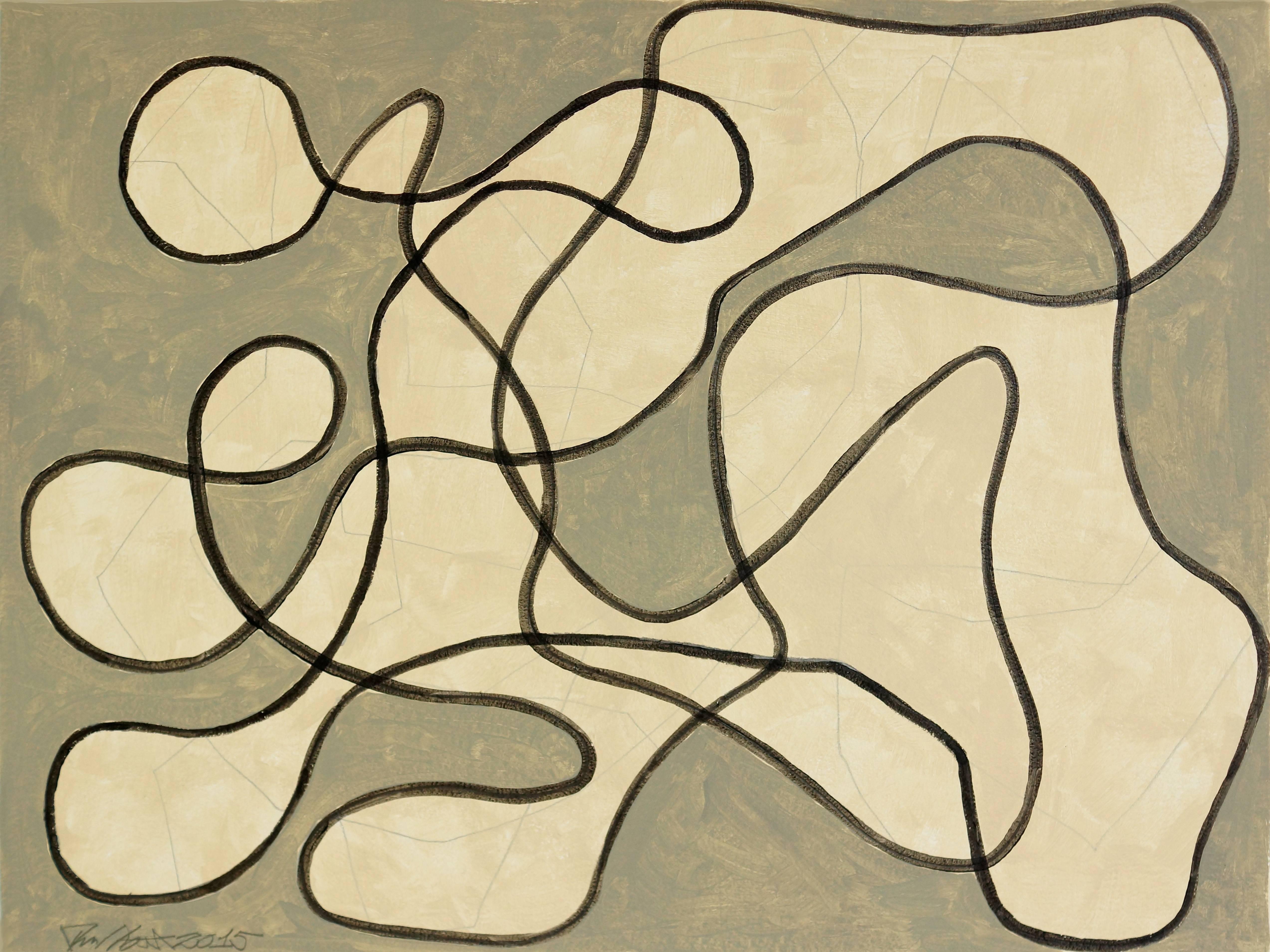 Ralph Stout Abstract Drawing - Untitled 4 (Dynamic modern line drawing in Black, Slate Gray and Cream)