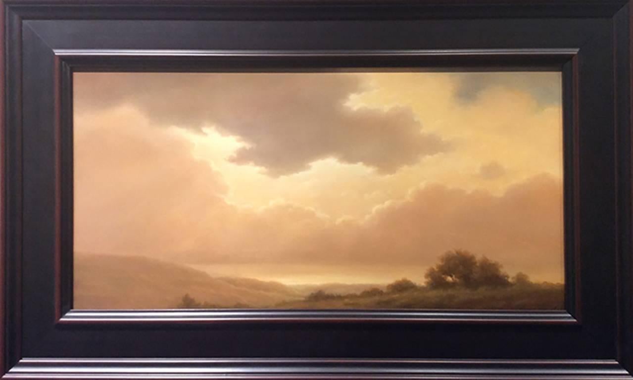 Emerging Light Over the River (Traditional Hudson River Landscape Oil Painting) - Brown Landscape Painting by Jane Bloodgood-Abrams
